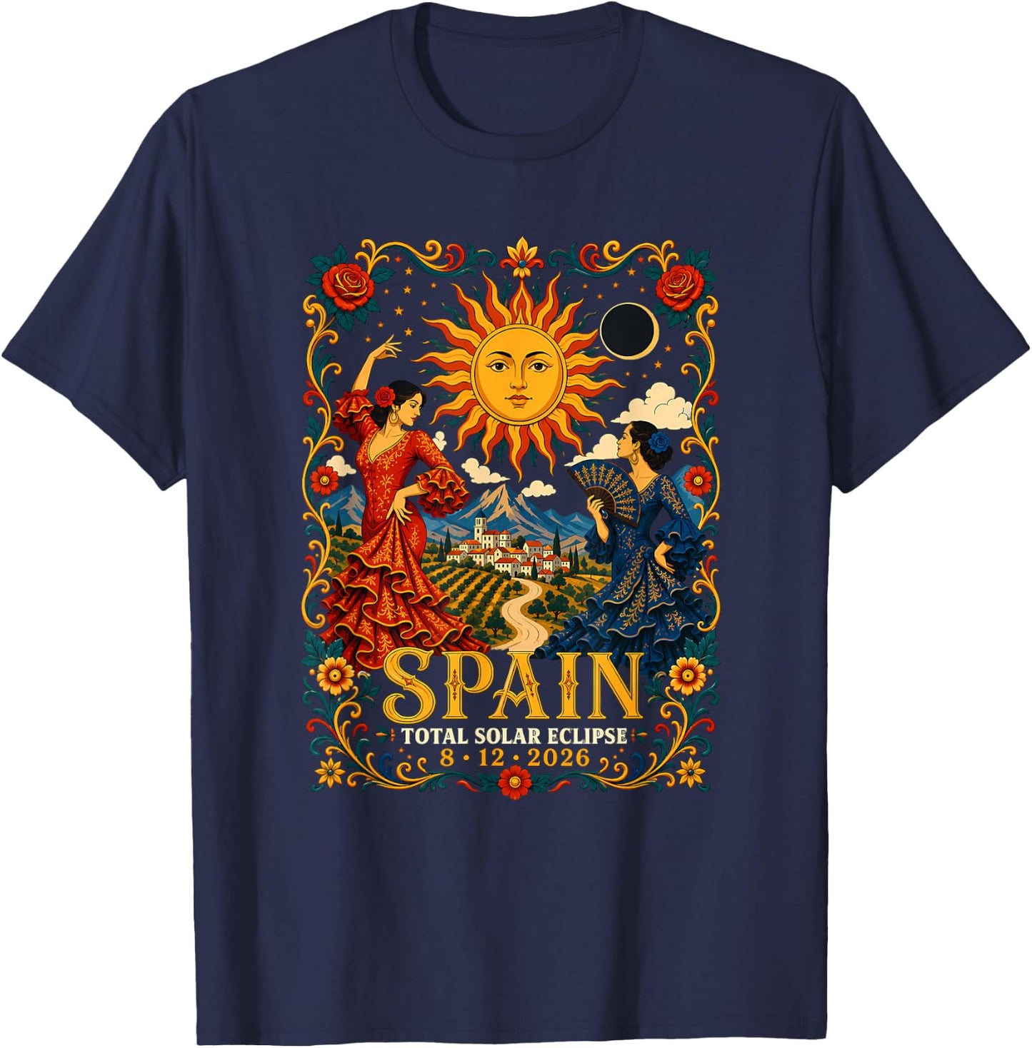 Spain Total Solar Eclipse 2026 August Flamenco Astronomy Art T-Shirt - T-Shirt | Navy