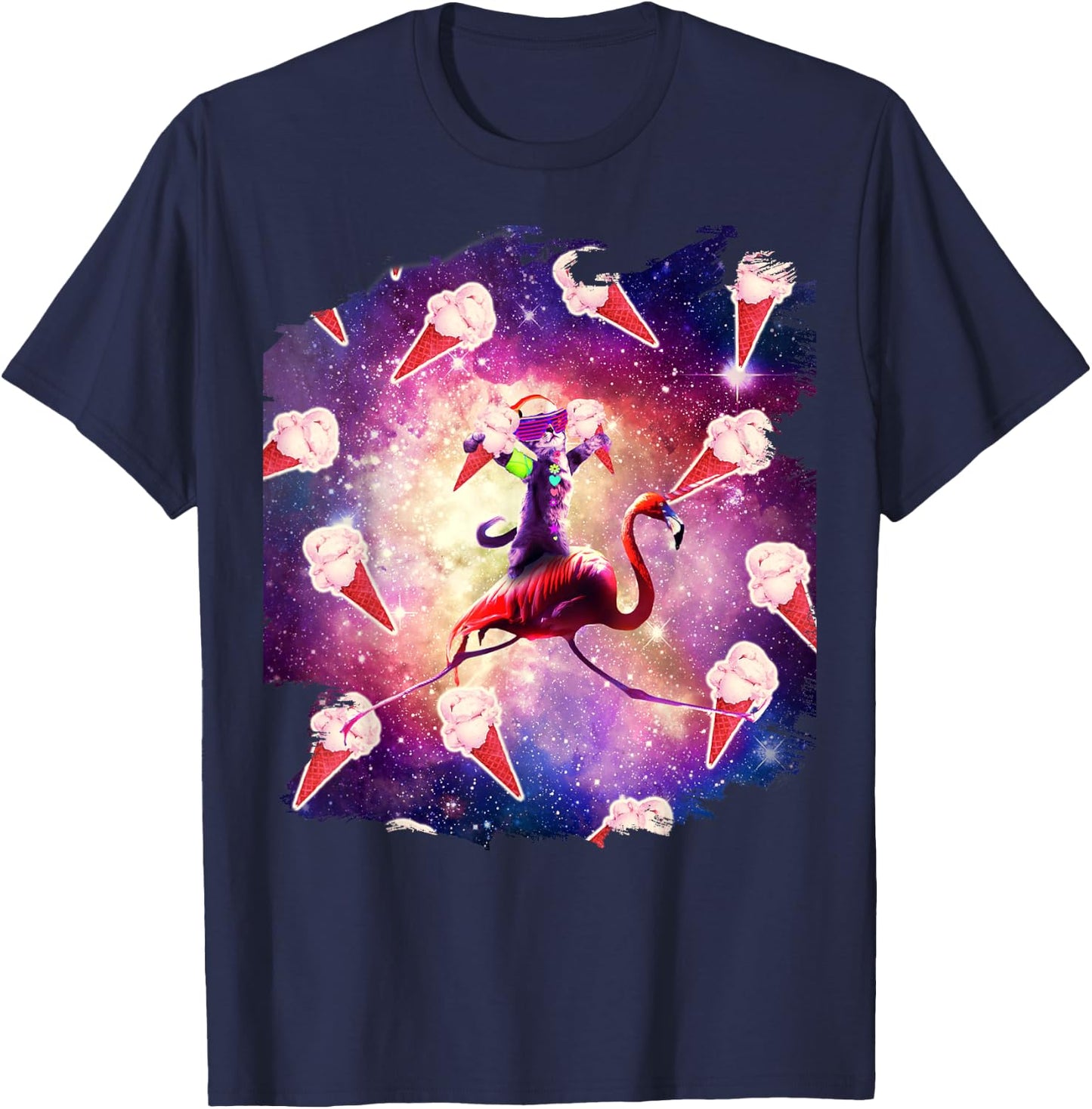 Rave Space Cat On Flamingo Unicorn - Ice Cream Women Kids T-Shirt - T-Shirt | Navy