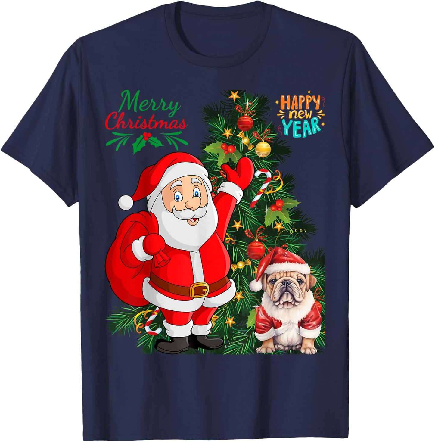 Merry Christmas Happy New Year Santa Claus English Bulldog T-Shirt - T-Shirt | Navy