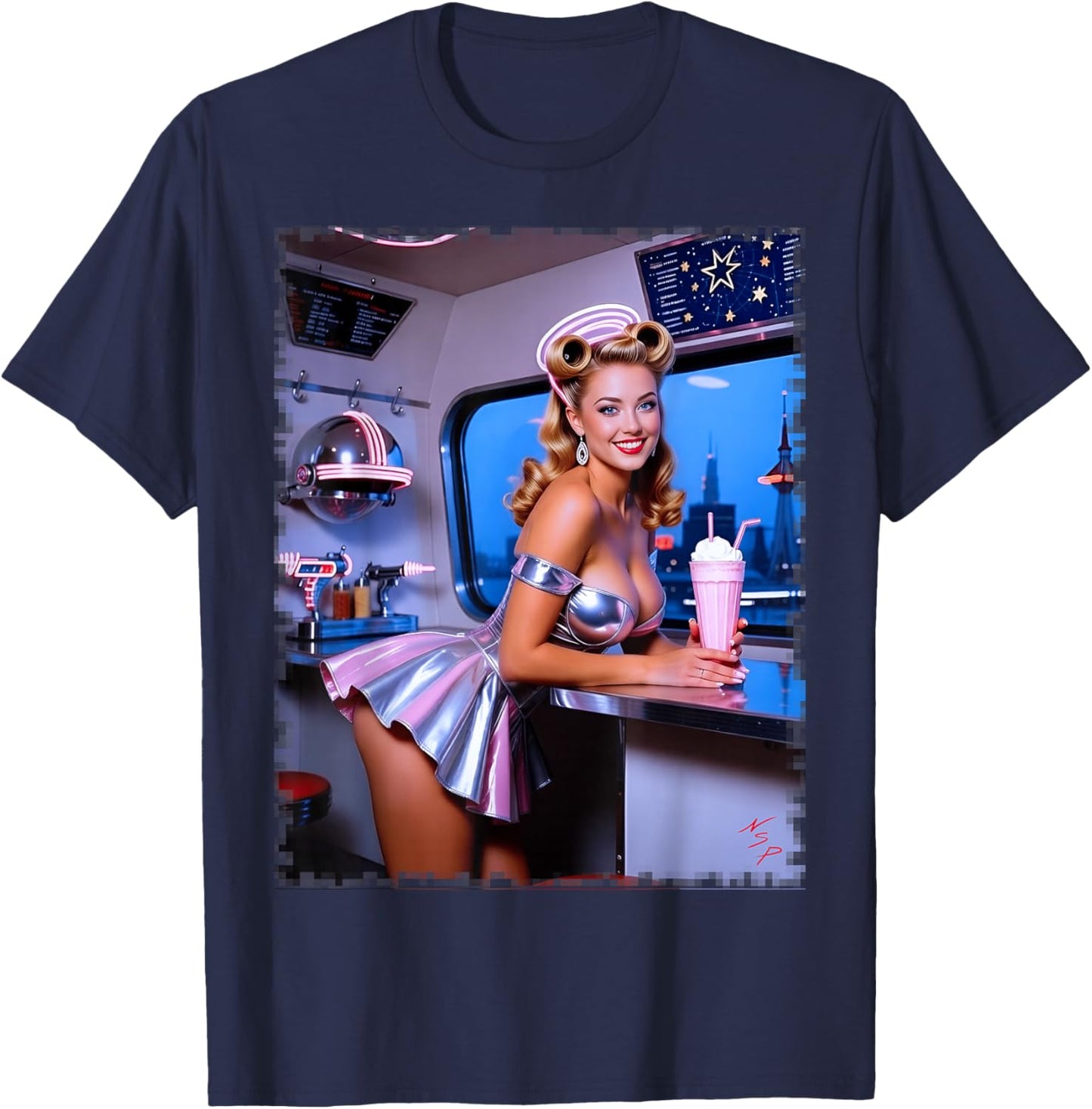 Pinup Girl T Shirt - Sexy Blonde Future Retro Pinup T-Shirt - T-Shirt | Navy