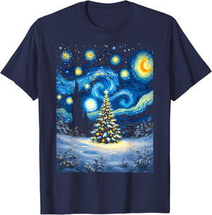 Christmas Tree Starry Night Van Gogh Winter Wonderland T-Shirt - T-Shirt | Navy