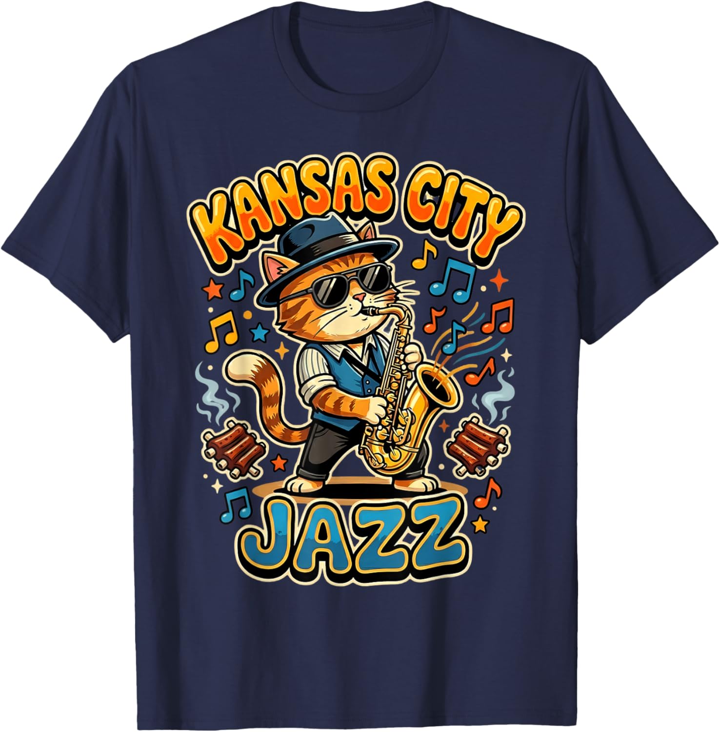 Kansas City Jazz Saxophone Cat Playing BBQ Ribs T-Shirt - T-Shirt | Navy