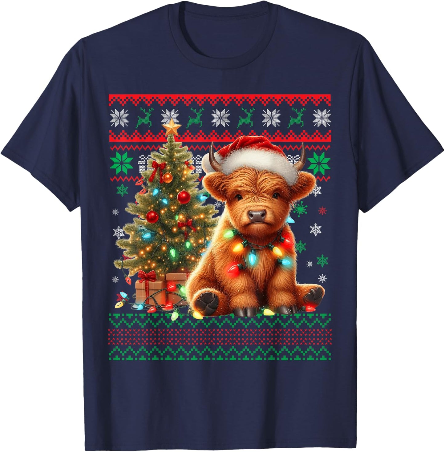 Scottish Highland Cow Christmas Funny Cow Lover Xmas T-Shirt - T-Shirt | Navy