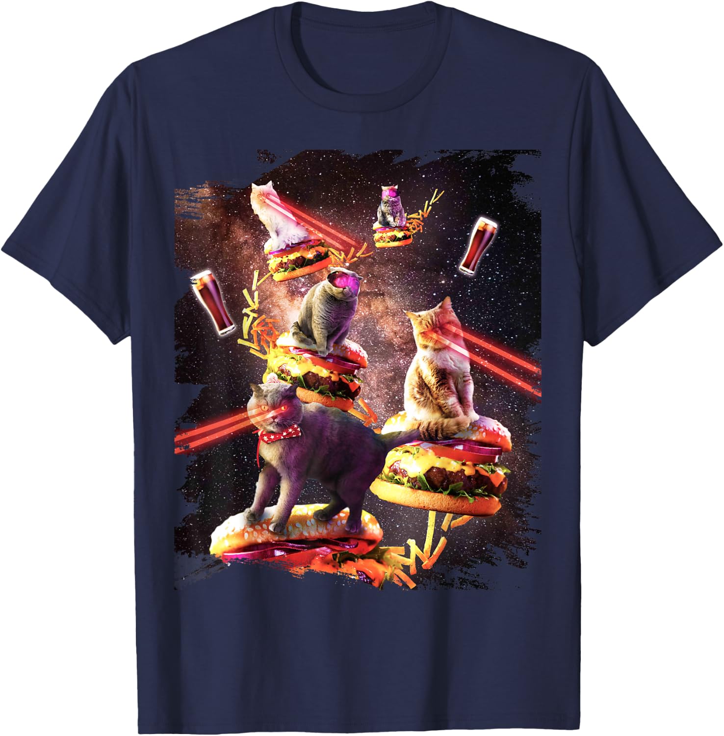 Galaxy Laser Cat On Burger - Space Cheeseburger Cats T-Shirt - T-Shirt | Navy