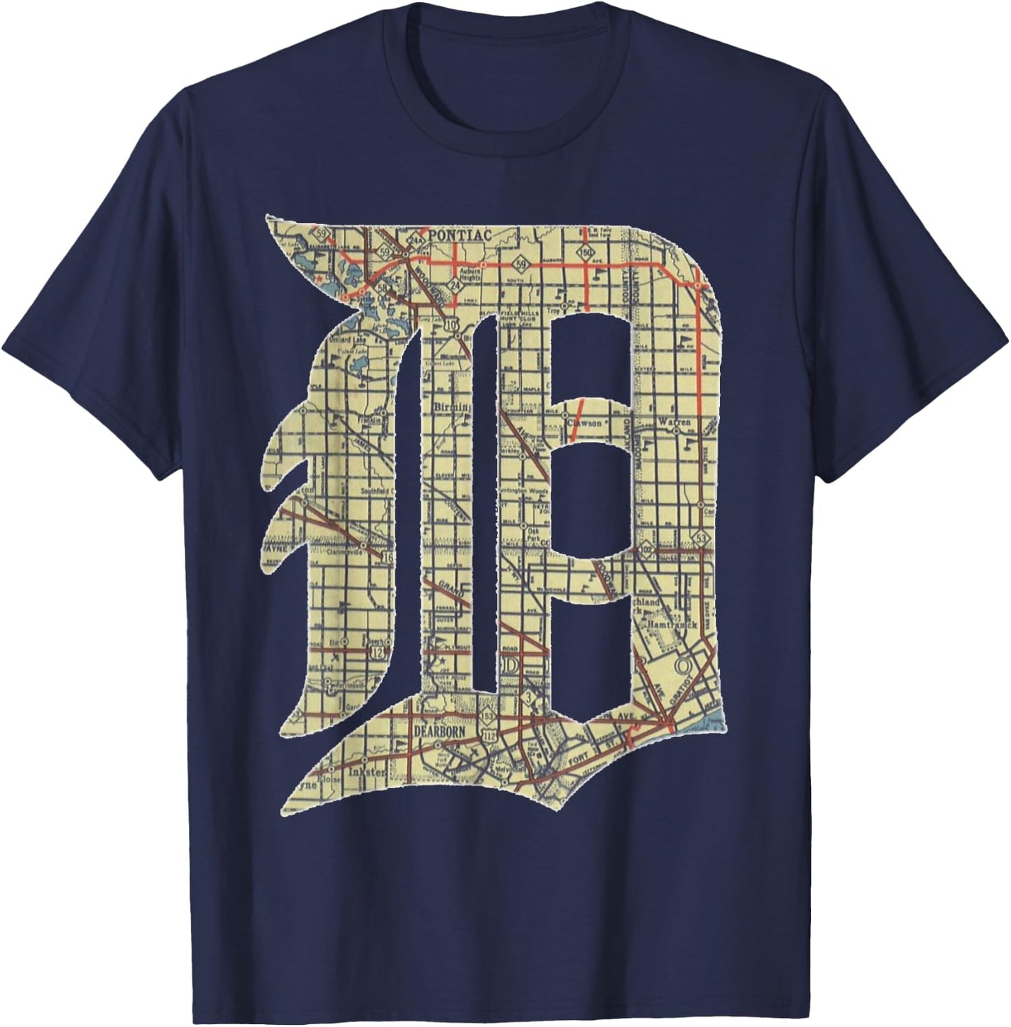 Detroit City Map Old English D T-Shirt - T-Shirt | Navy