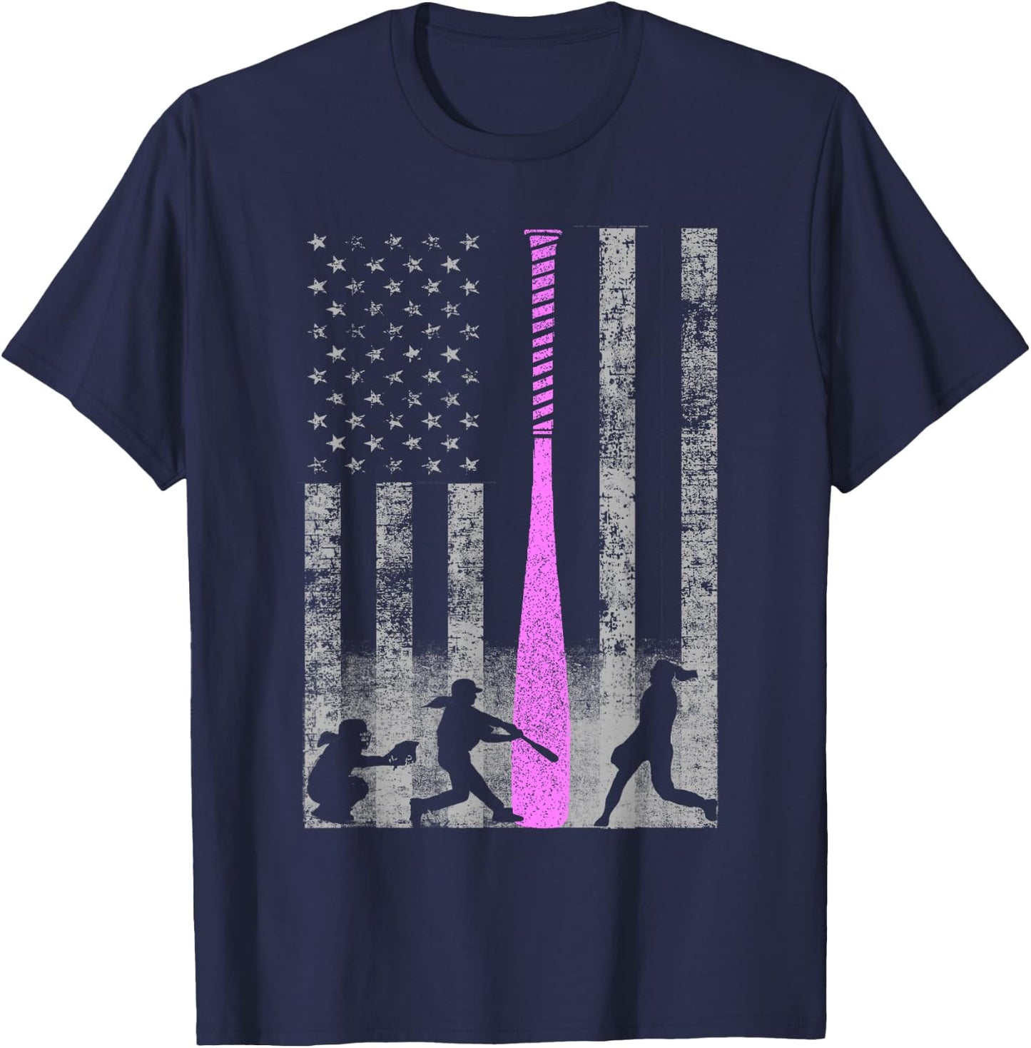 American Softball Flag - Players and Pink Bat T-Shirt - T-Shirt | Navy