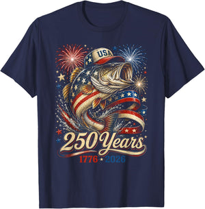 250 America 1776 2026 Bass Fishing USA Flag 250th Birthday T-Shirt - T-Shirt | Navy