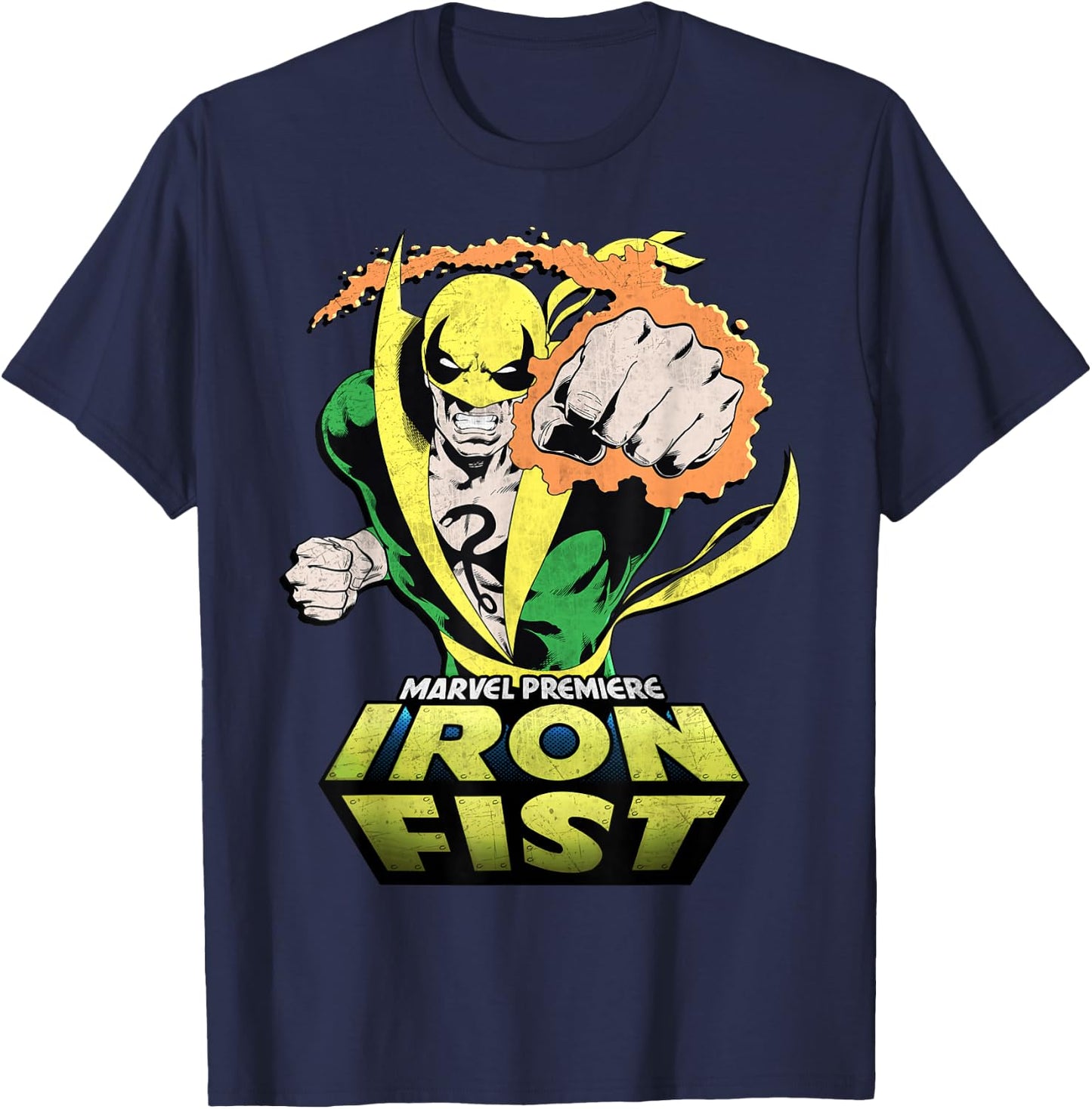 Marvel Comics Retro Classic Iron Fist Flaming Punch T-Shirt - T-Shirt | Navy
