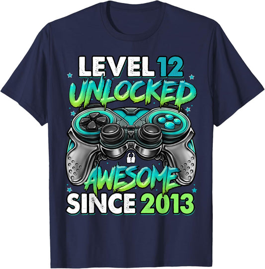 Level 12 Unlocked Awesome Since 2013 12th Birthday Gaming T-Shirt - T-Shirt | Navy