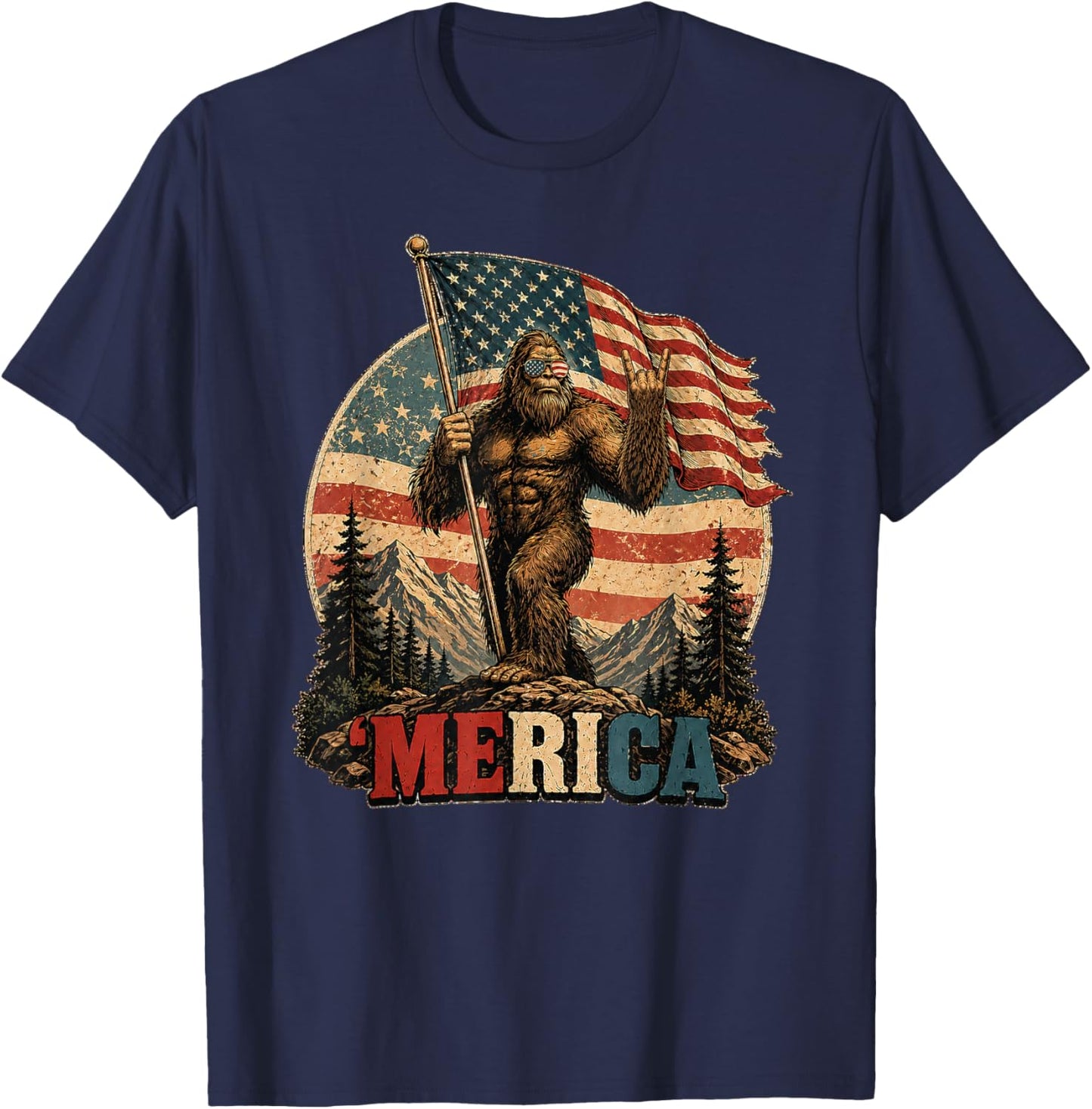 Bigfoot Merica Rock 250th American Flag Patriotic 4th July T-Shirt - T-Shirt | Navy