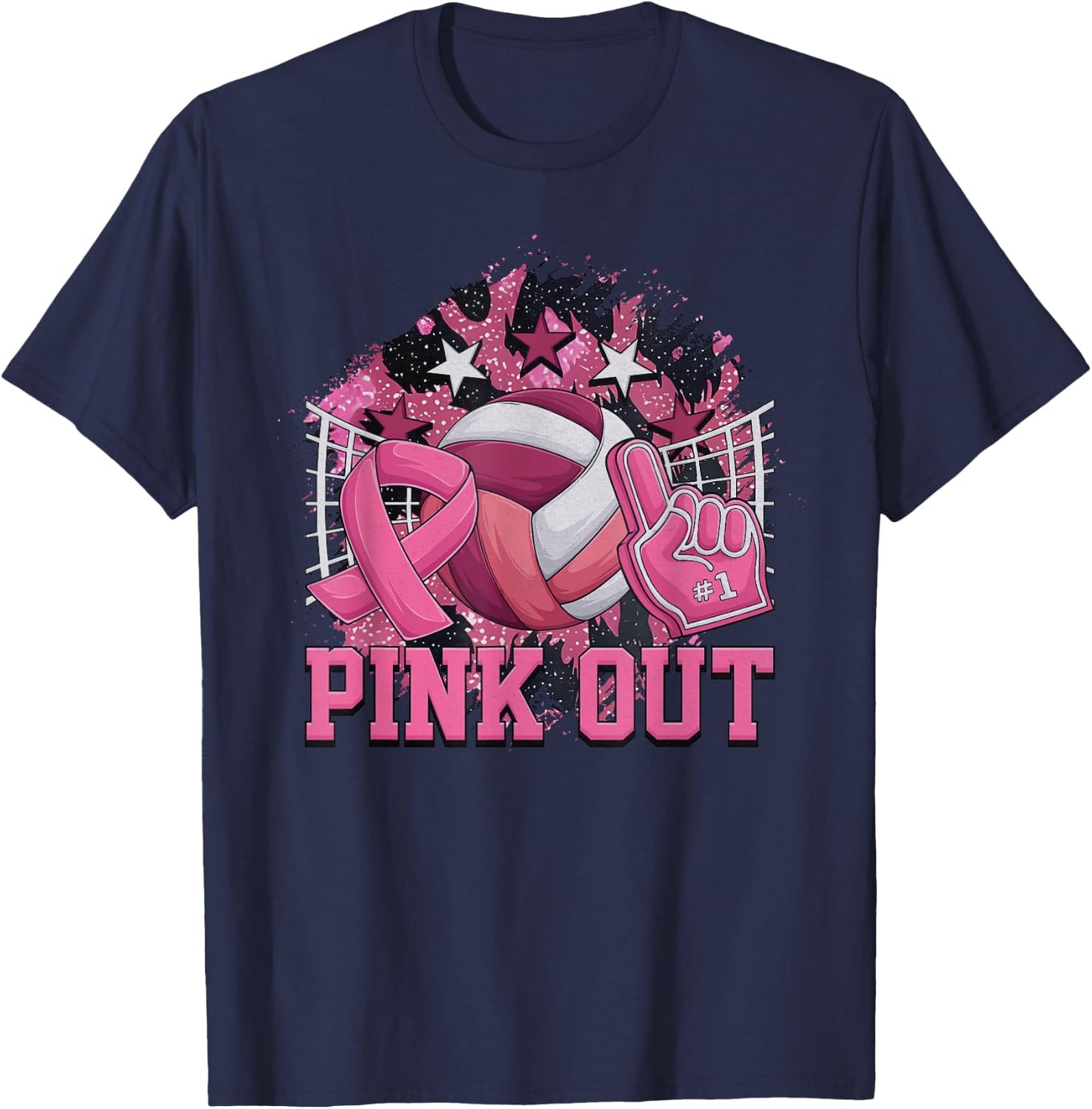 Pink Out Volleyball Pink Ribbon Breast Cancer Awareness T-Shirt - T-Shirt | Navy