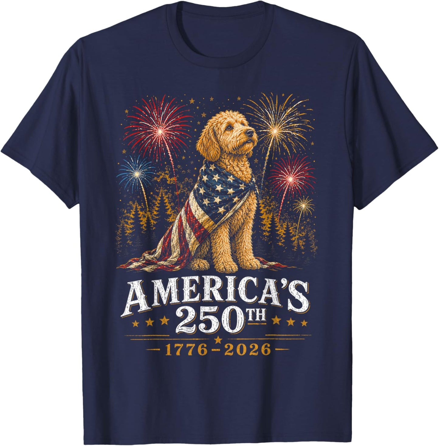Goldendoodle USA Flag America's 250th Anniversary 1776 2026 T-Shirt - T-Shirt | Navy