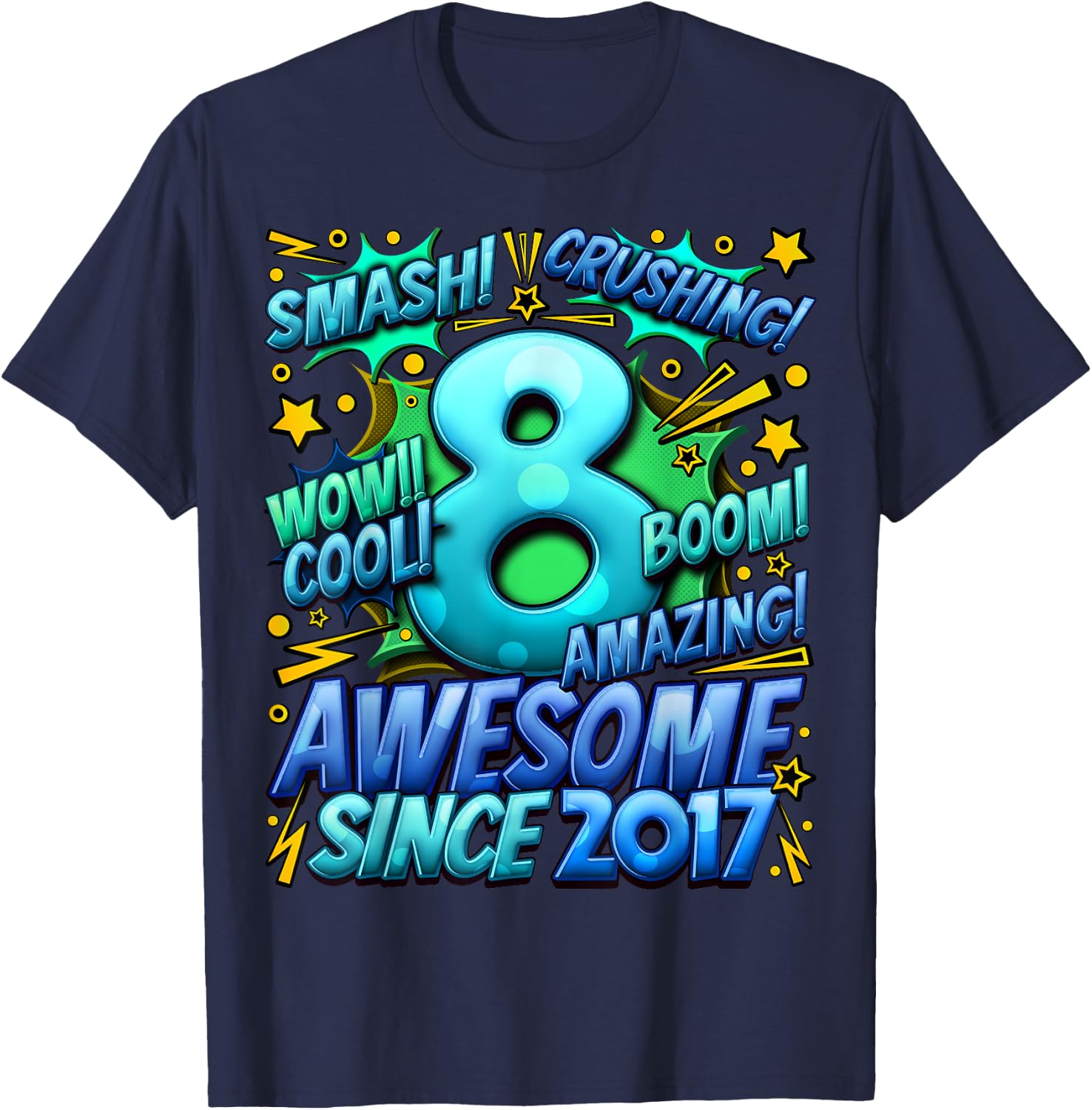 New Comic Style Birthday Gifts 2025 For Boys 8th Birthday Boy -Kids Black Small Cotton 70%, Polyester 30% Short Sleeve T-Shirt - T-Shirt | Navy