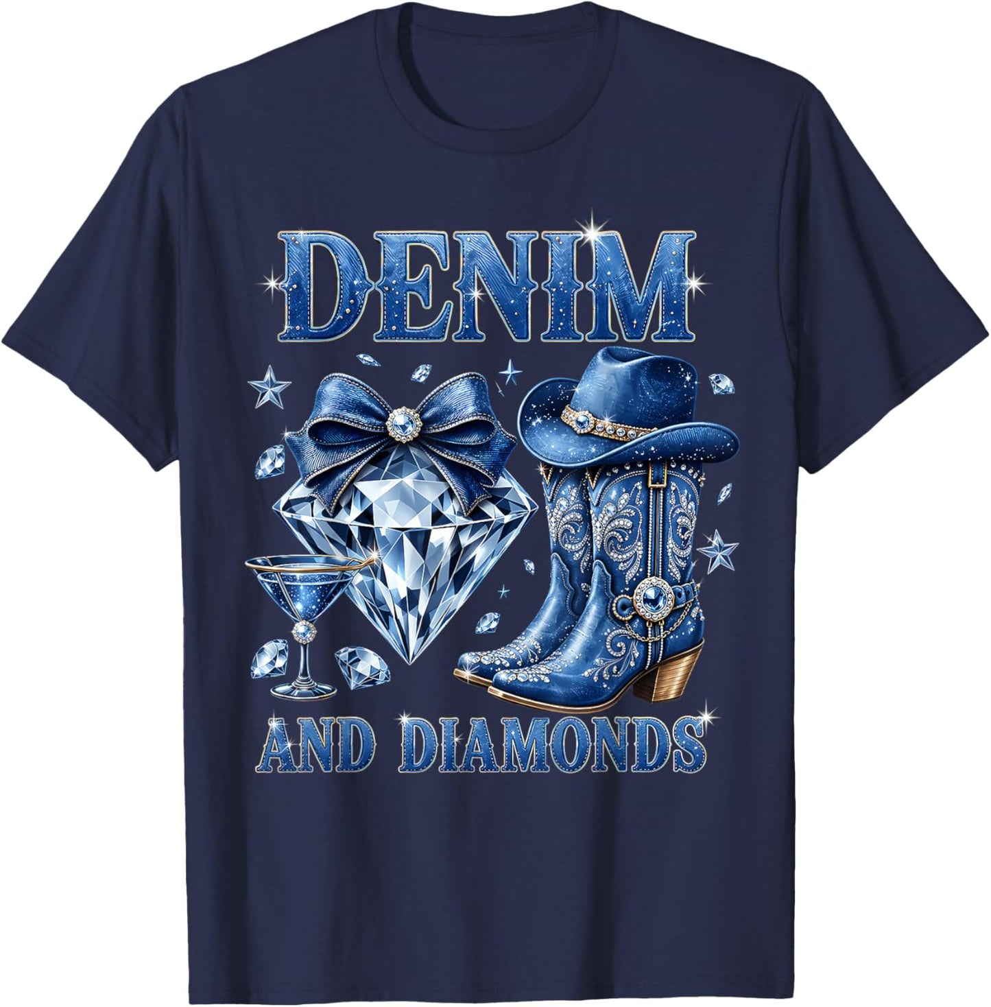 Denim and Diamonds Bow Western Cowgirl Ladies Girls Women T-Shirt - T-Shirt | Navy
