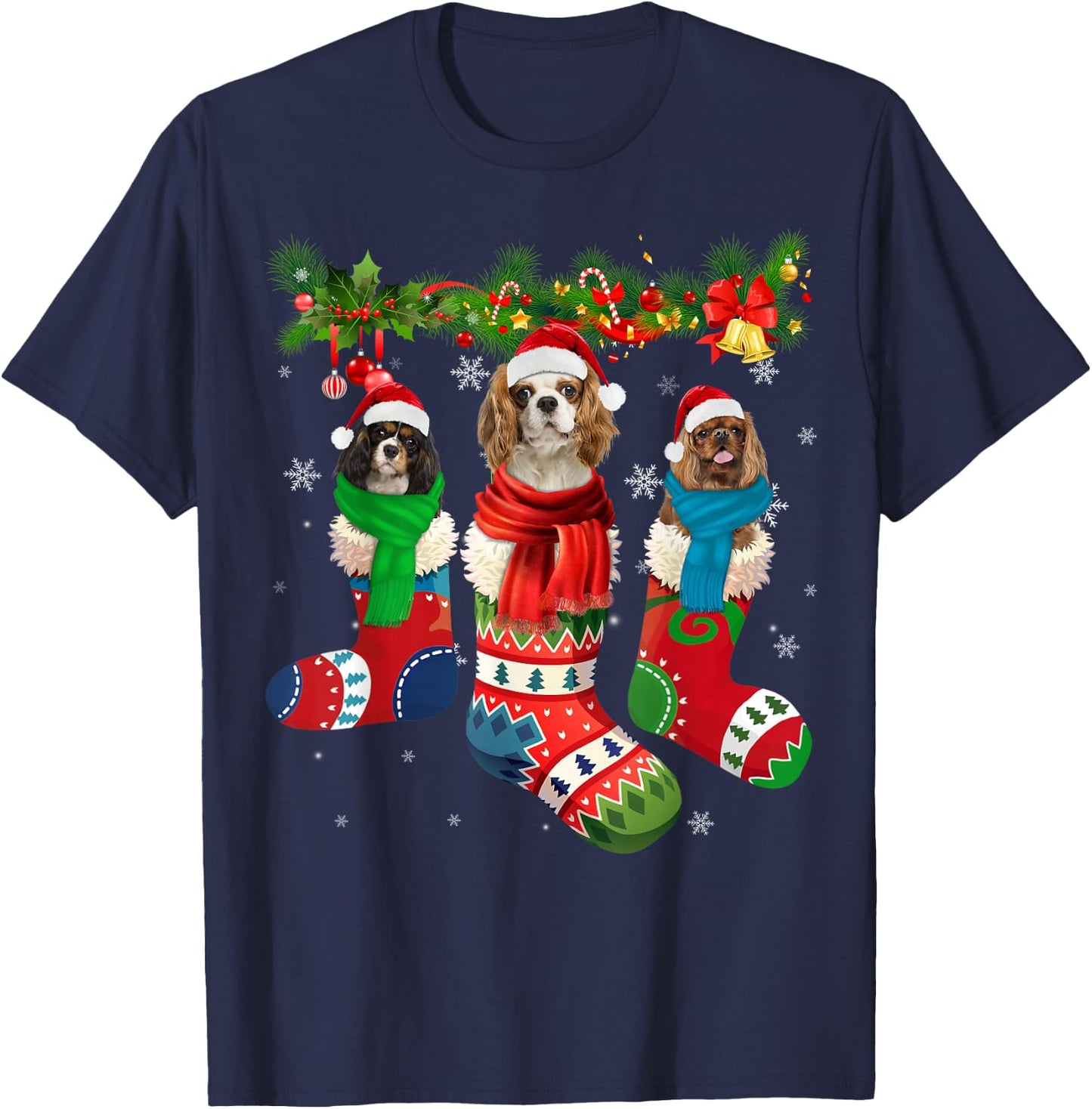 Three Cavalier King Charles Spaniel In Christmas Sock T-Shirt - T-Shirt | Navy