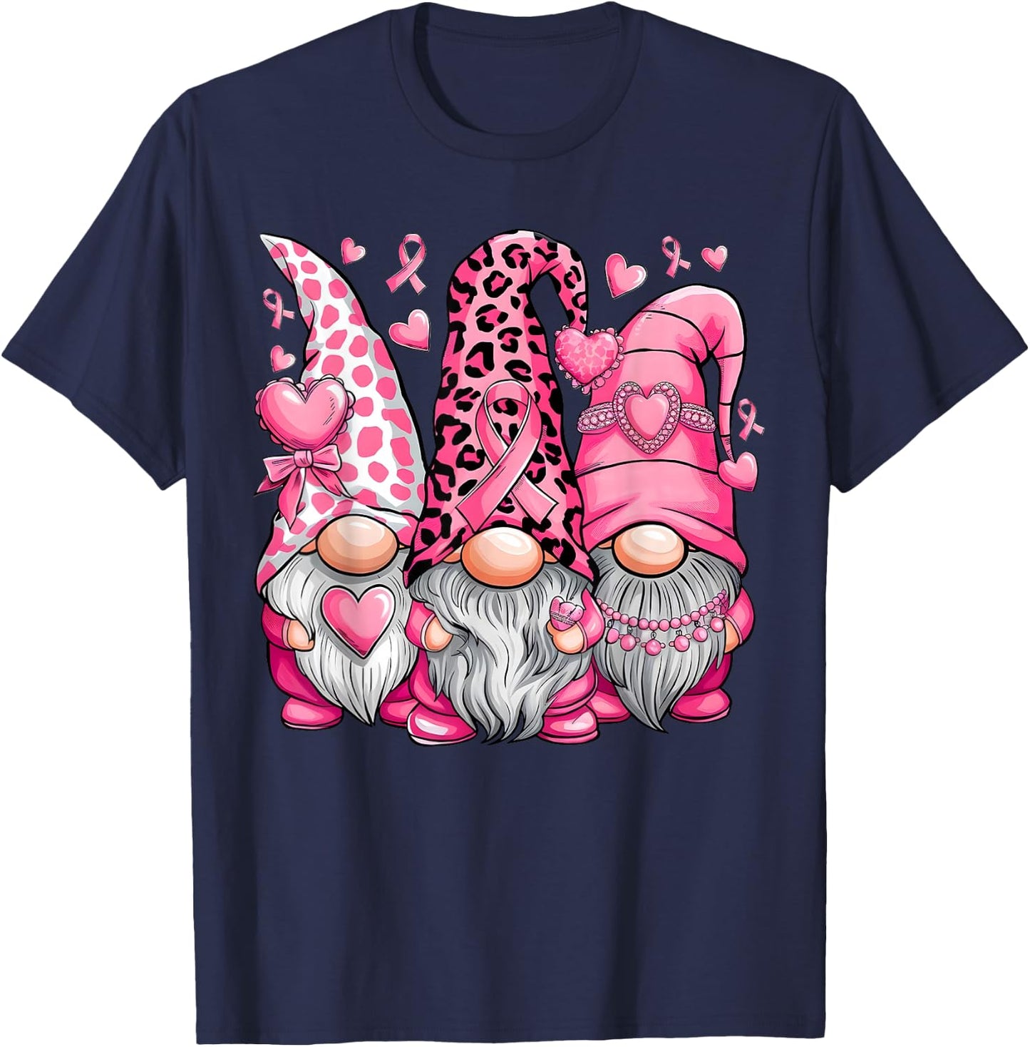 In October We Wear Pink Ribbon Gnomes Women Breast Cancer T-Shirt - T-Shirt | Navy