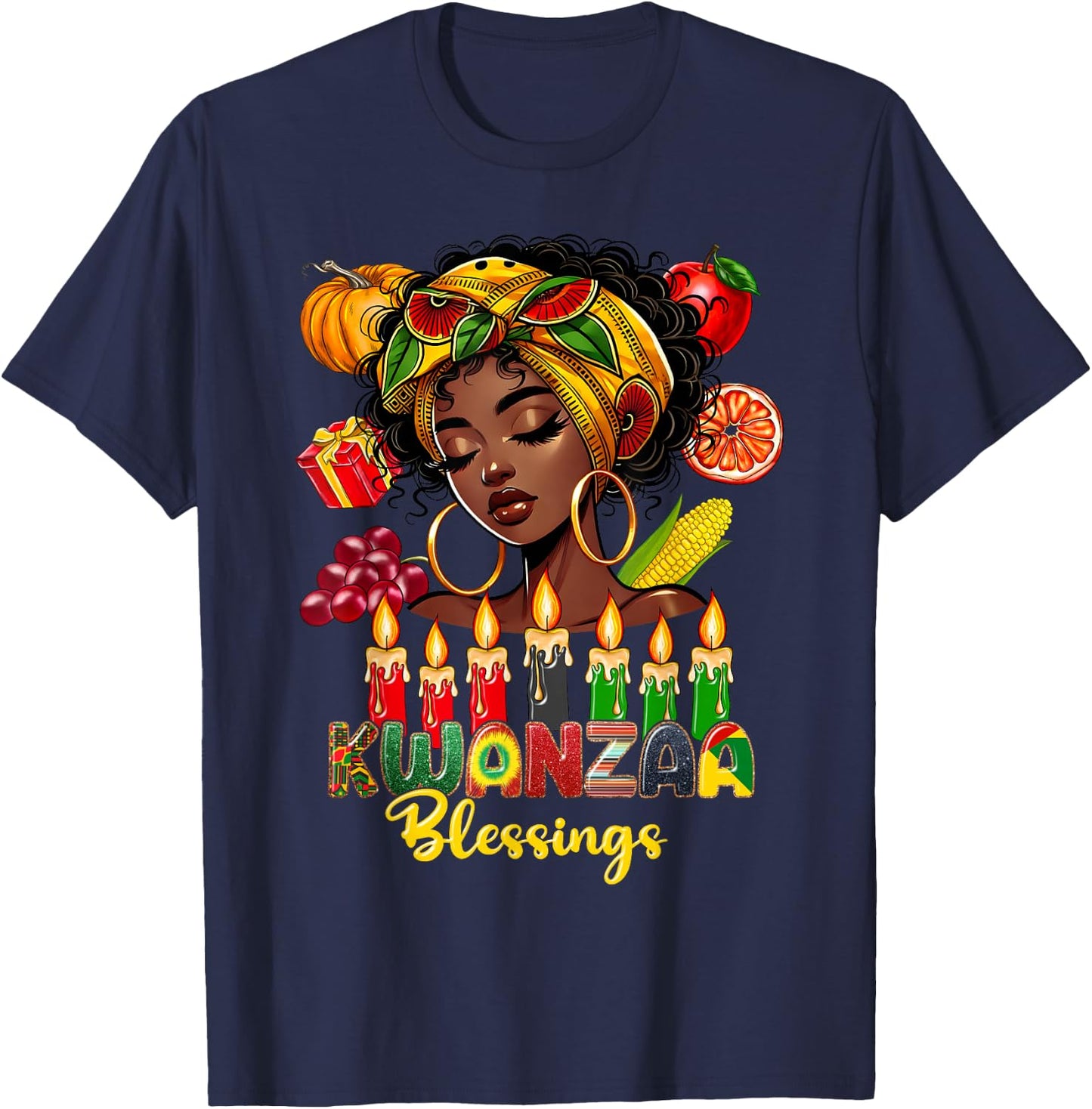 Kwanzaa Blessings Afro American Celebration Black Woman T-Shirt - T-Shirt | Navy