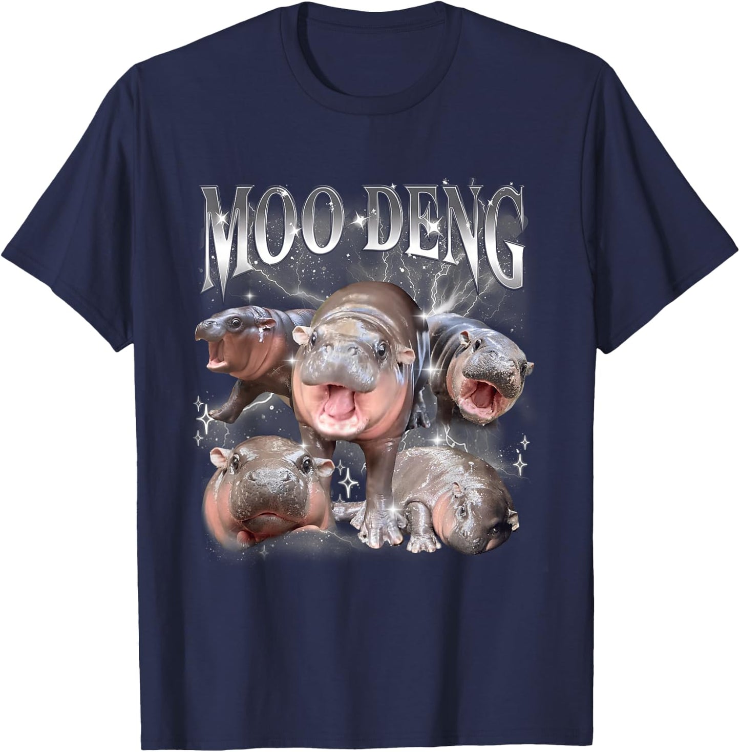 Funny Vintage Moo-deng the Famous Baby Pigmy Hippo Moodeng T-Shirt - T-Shirt | Navy