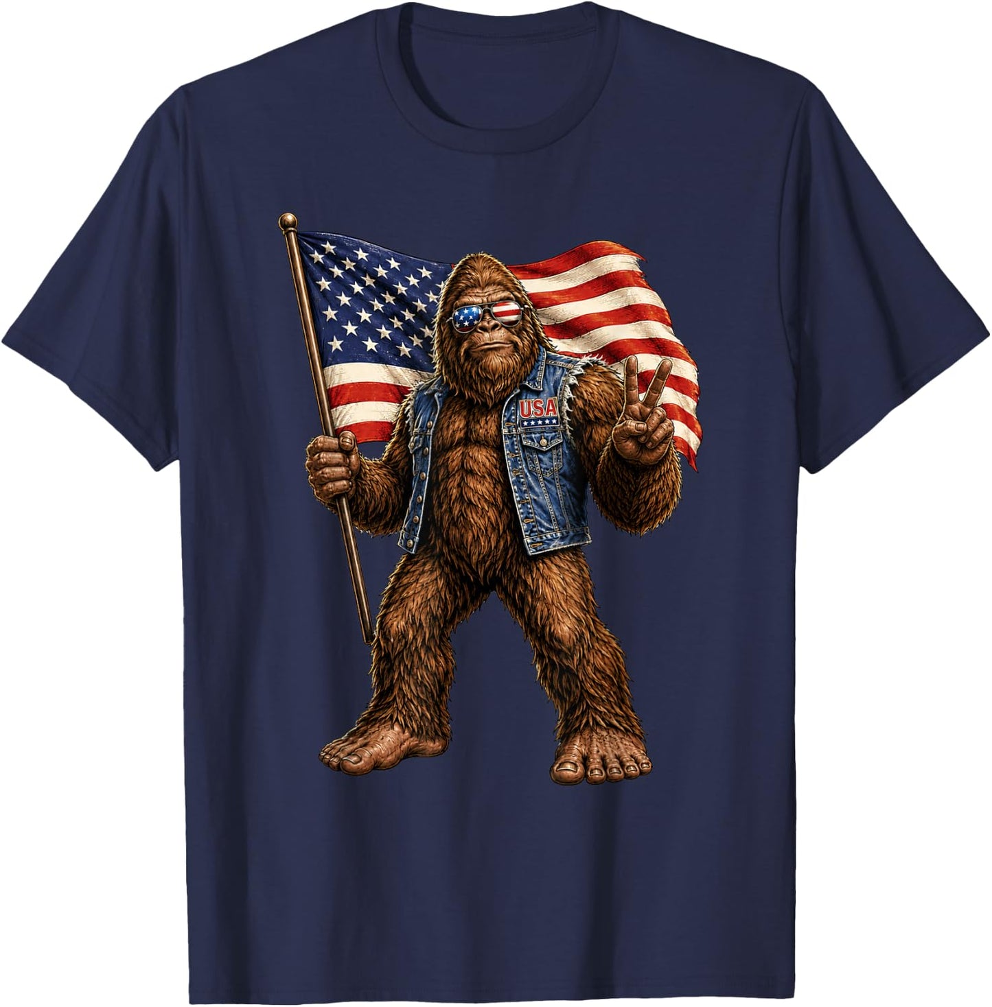 Bigfoot American Flag Sasquatch USA Patriotic Peace Sign T-Shirt - T-Shirt | Navy