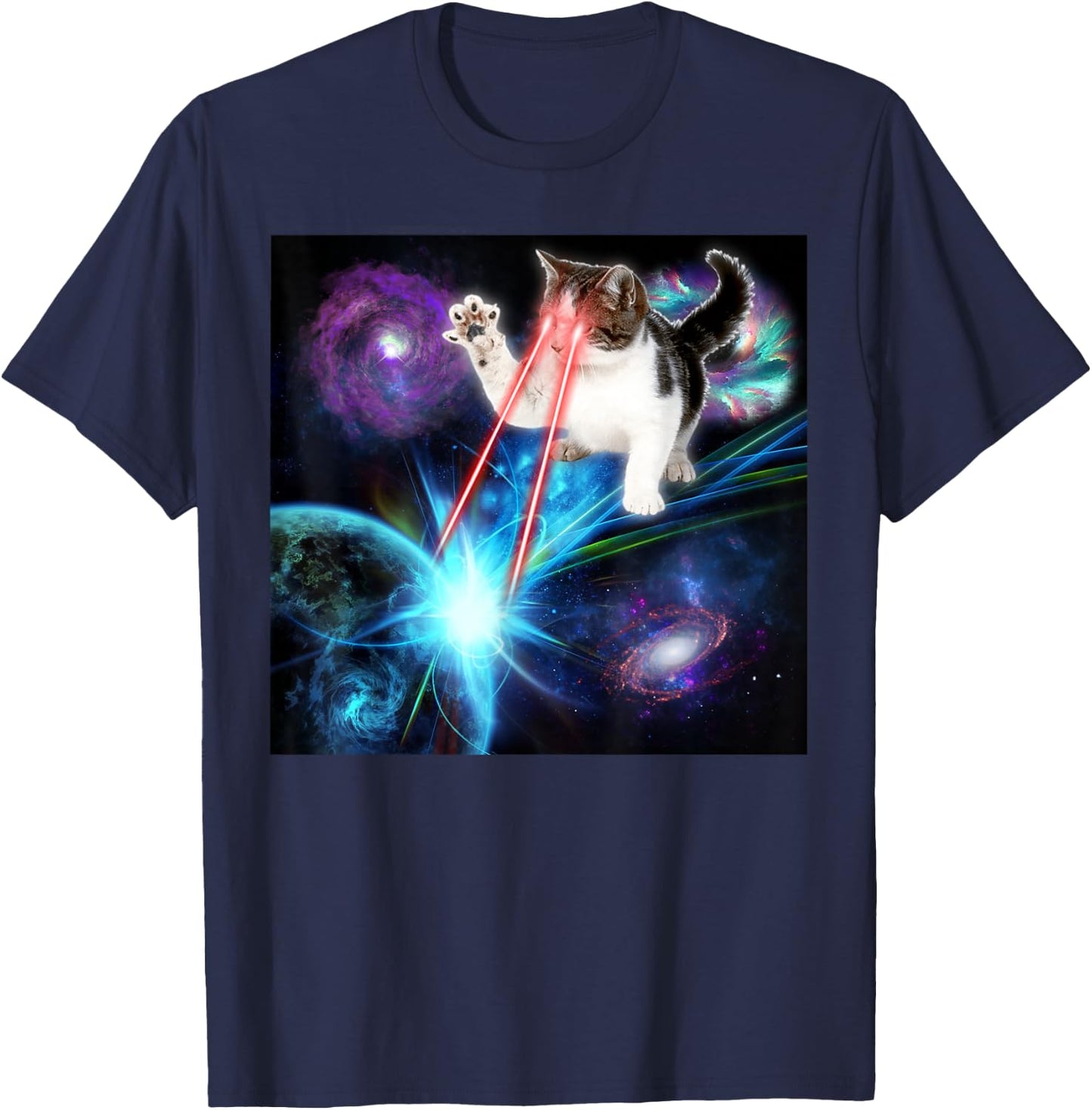 Funny Laser Cat Cute Space Cat Laser Eyes Kitten T-Shirt - T-Shirt | Navy