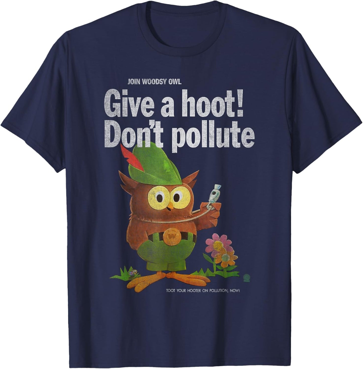 Vintage Shirts by Sven & Angus Woodsy Owl Give a Hoot 70s Distressed and Faded Black Adult Men's Classic Fit Short Sleeve T-Shirt - T-Shirt | Navy
