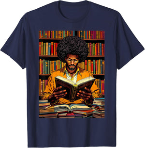 Black Man Reading Book Black History Month Book Lover Afro T-Shirt - T-Shirt | Navy
