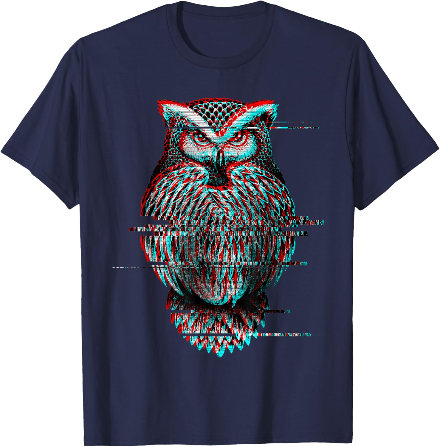 Glitched Owl Cool Glitch Effect Graphic Bird Lover Image T-Shirt - T-Shirt | Navy