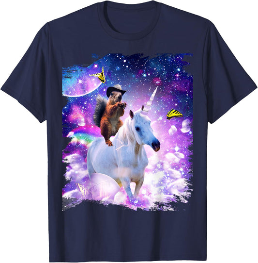 Random Galaxy Cowboy Squirrel Riding Unicorn T-Shirt - T-Shirt | Navy