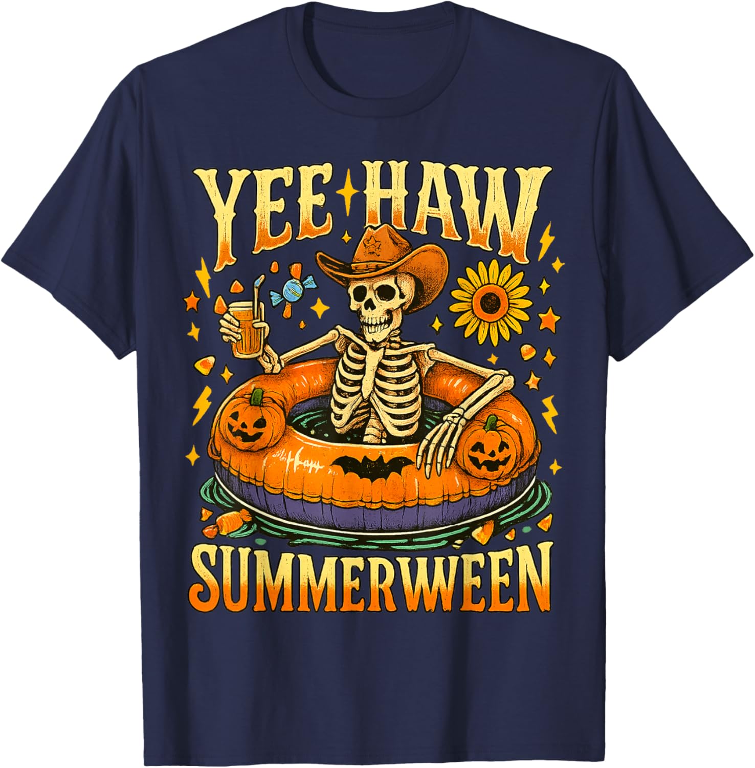 Yee Haw Summerween Cowboy Skeleton Western Halloween T-Shirt - T-Shirt | Navy