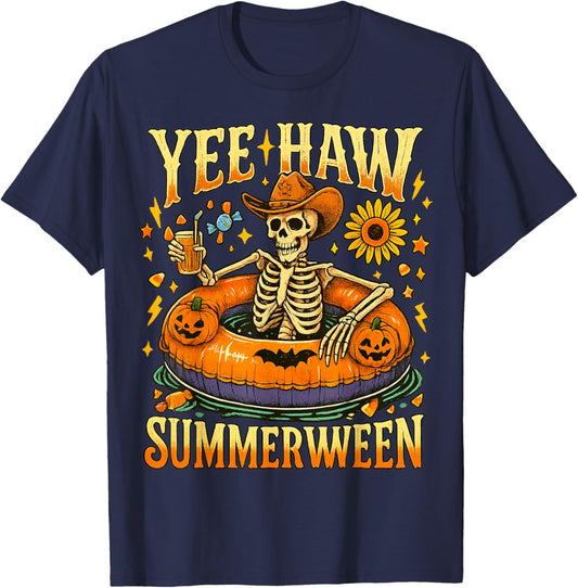 Yee Haw Summerween Cowboy Skeleton Western Halloween T-Shirt - T-Shirt | Navy