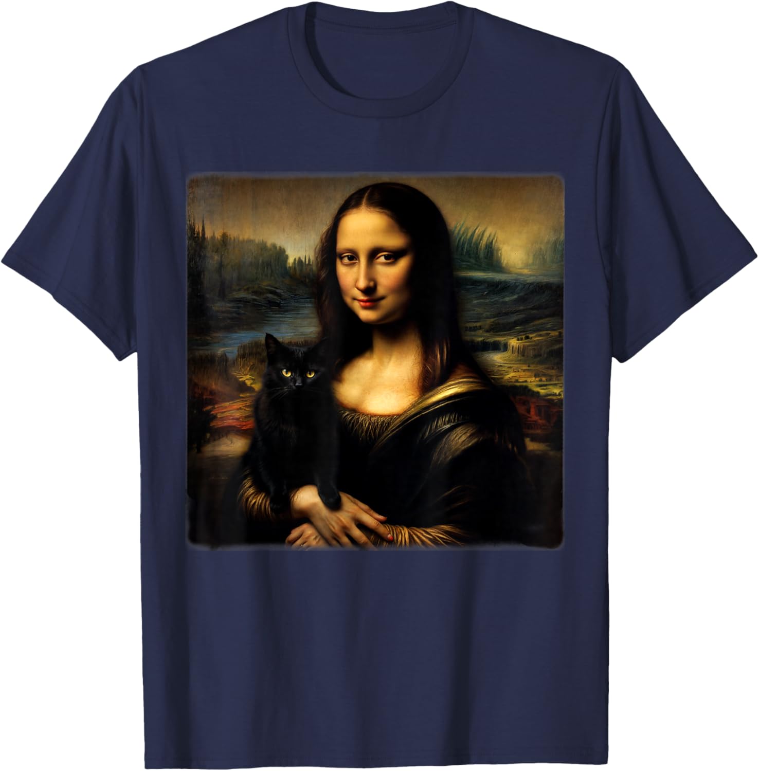 Mona Lisa Holding Black cat Black cat Mom Black cat Dad Cute T-Shirt - T-Shirt | Navy