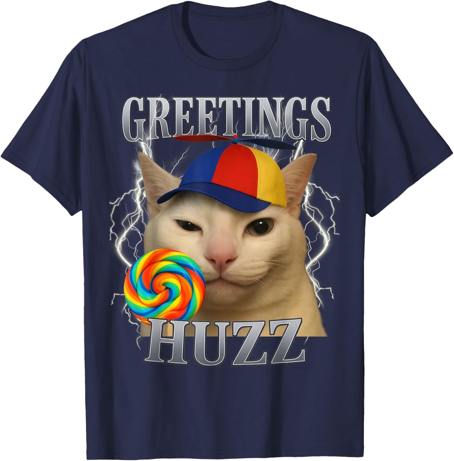 Greetings Huzz Cat Silly Funny Cat Meme Men Women Graphic T-Shirt - T-Shirt | Navy