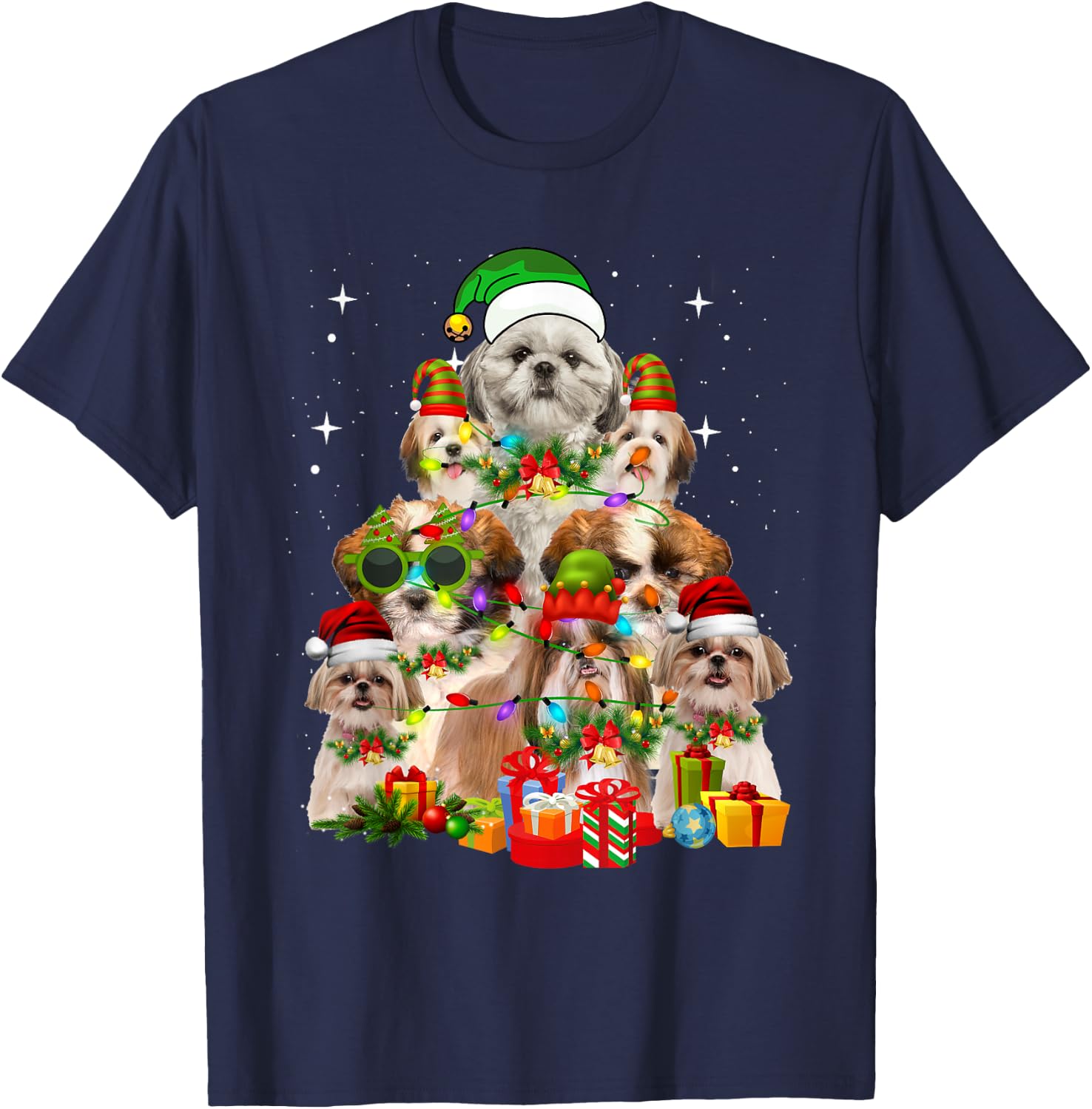 Shih Tzu Santa Hat Christmas Tree Lights Dog Holiday Costume Men Women Kids T-Shirt - T-Shirt | Navy