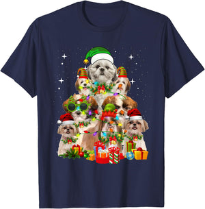 Shih Tzu Santa Hat Christmas Tree Lights Dog Holiday Costume Men Women Kids T-Shirt - T-Shirt | Navy