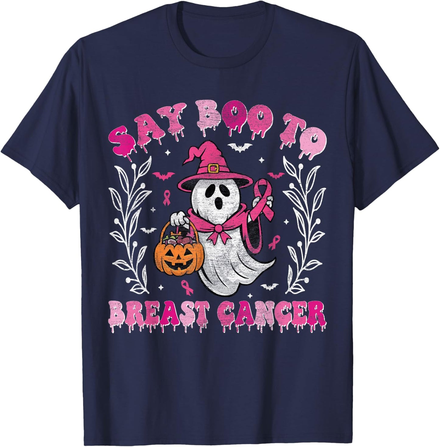 Say Boo to Breast Cancer Halloween Ghost Witch Breast Cancer T-Shirt - T-Shirt | Navy