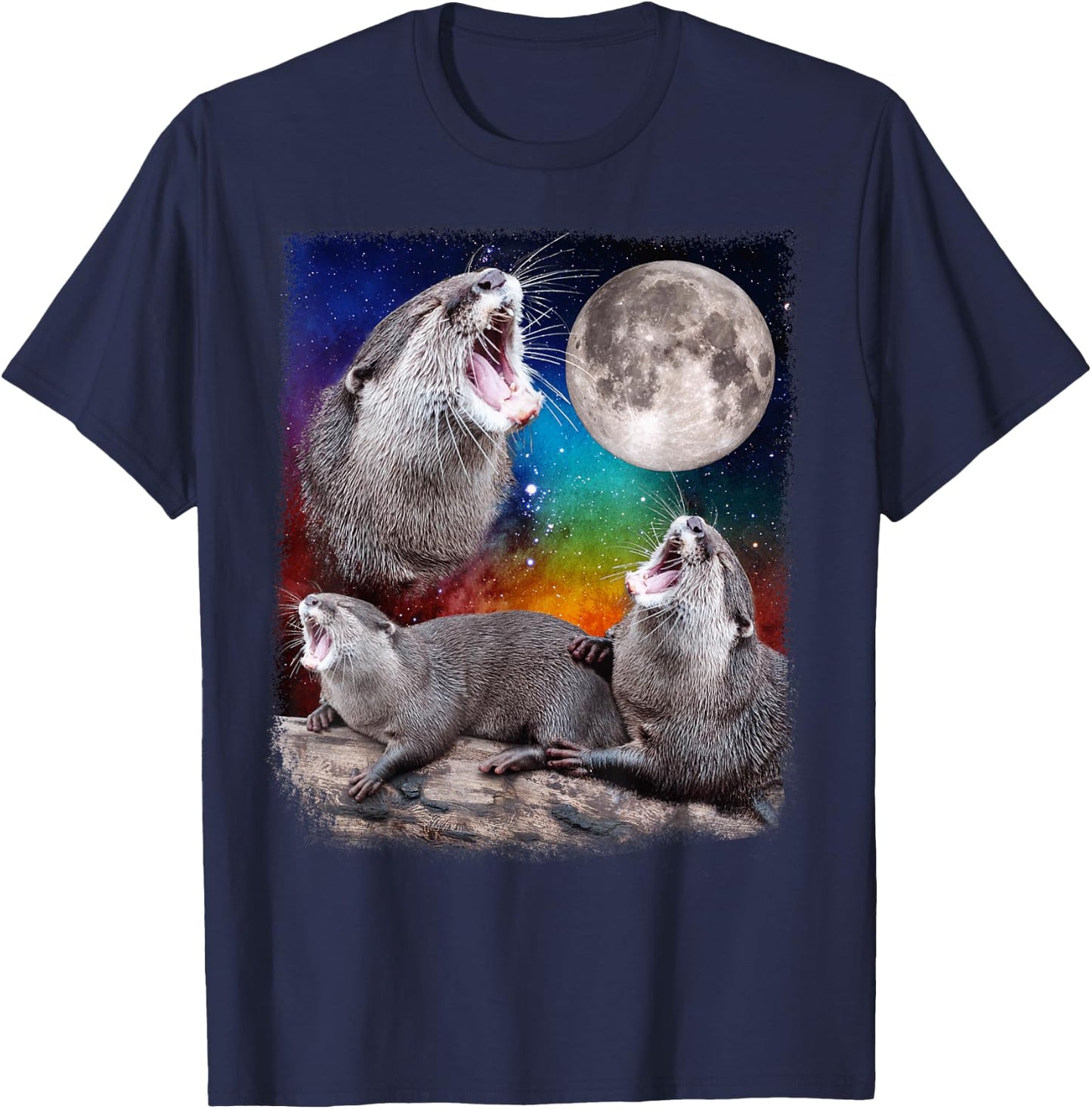 Howling Wolf Otters Moon Galaxy Parody T-Shirt - T-Shirt | Navy