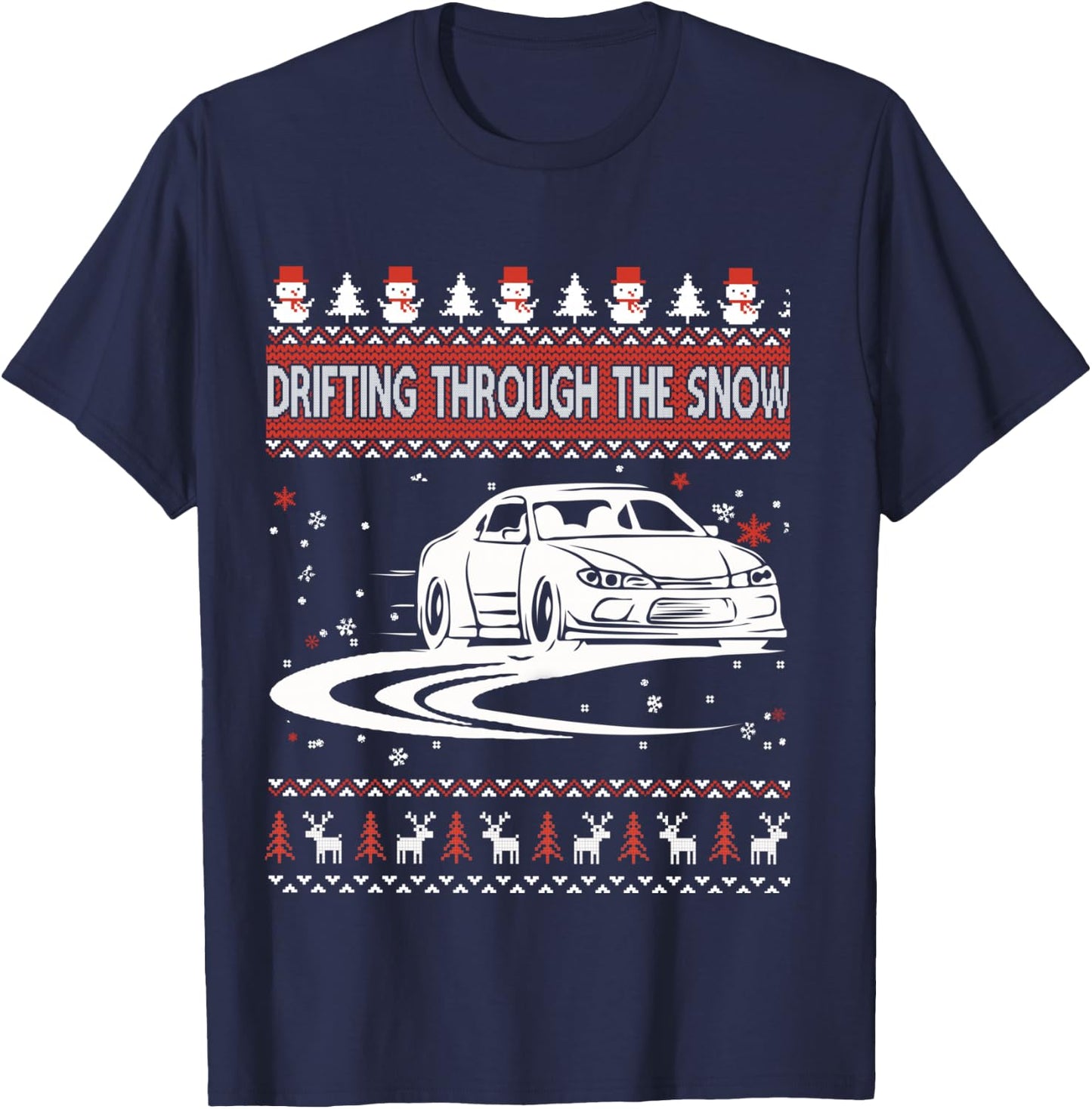 Car Lover Shirt Drifting Through The Snow Ugly Christmas Sweater - Women's Adult XX-Large Black Heather Grey Cotton Polyester Modern Ugly Christmas Sweater T-Shirt - T-Shirt | Navy