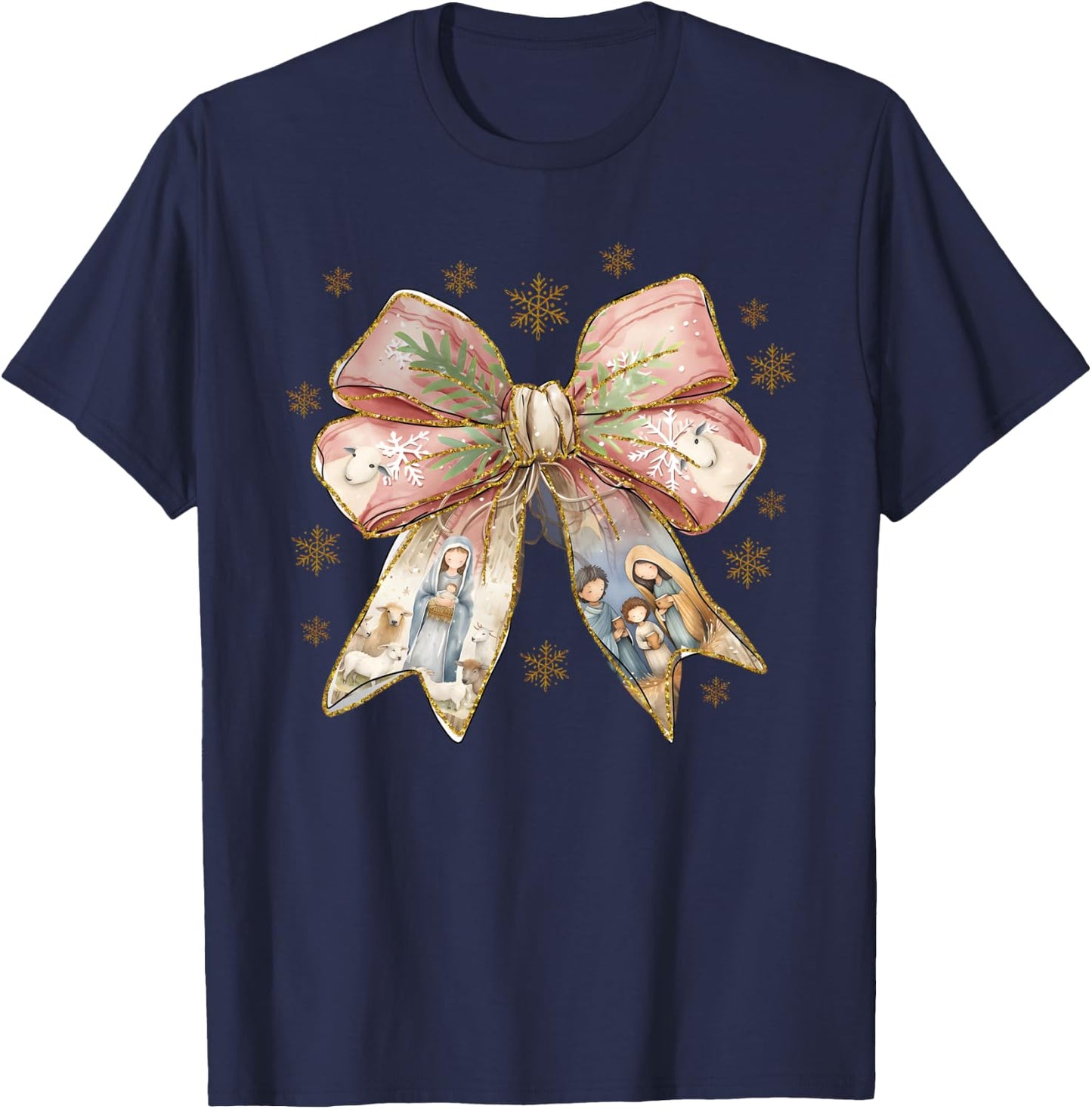 Jesus Christmas Coquette Bow Nativity Bible Verse Christian T-Shirt - T-Shirt | Navy