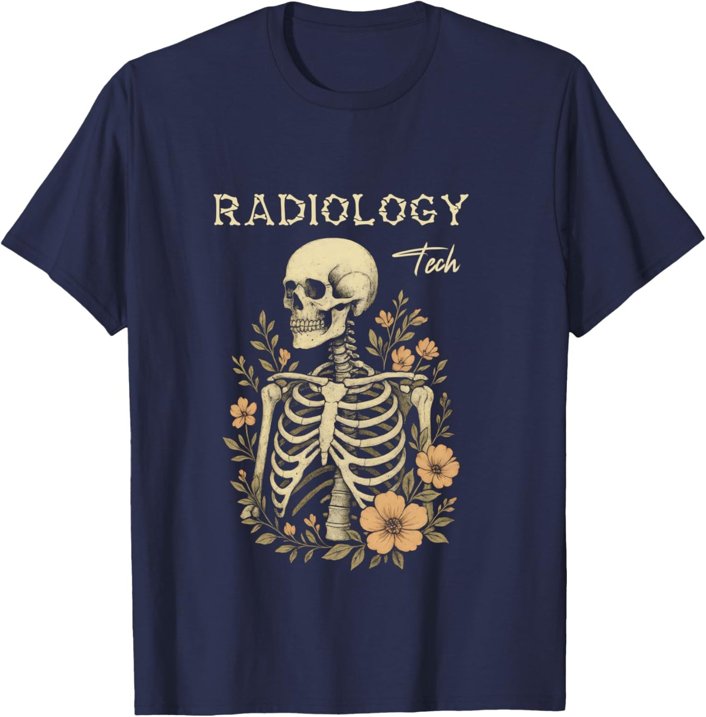 Radiology Tech Vintage Skeleton Floral Ribcage Radiologic CT T-Shirt - T-Shirt | Navy
