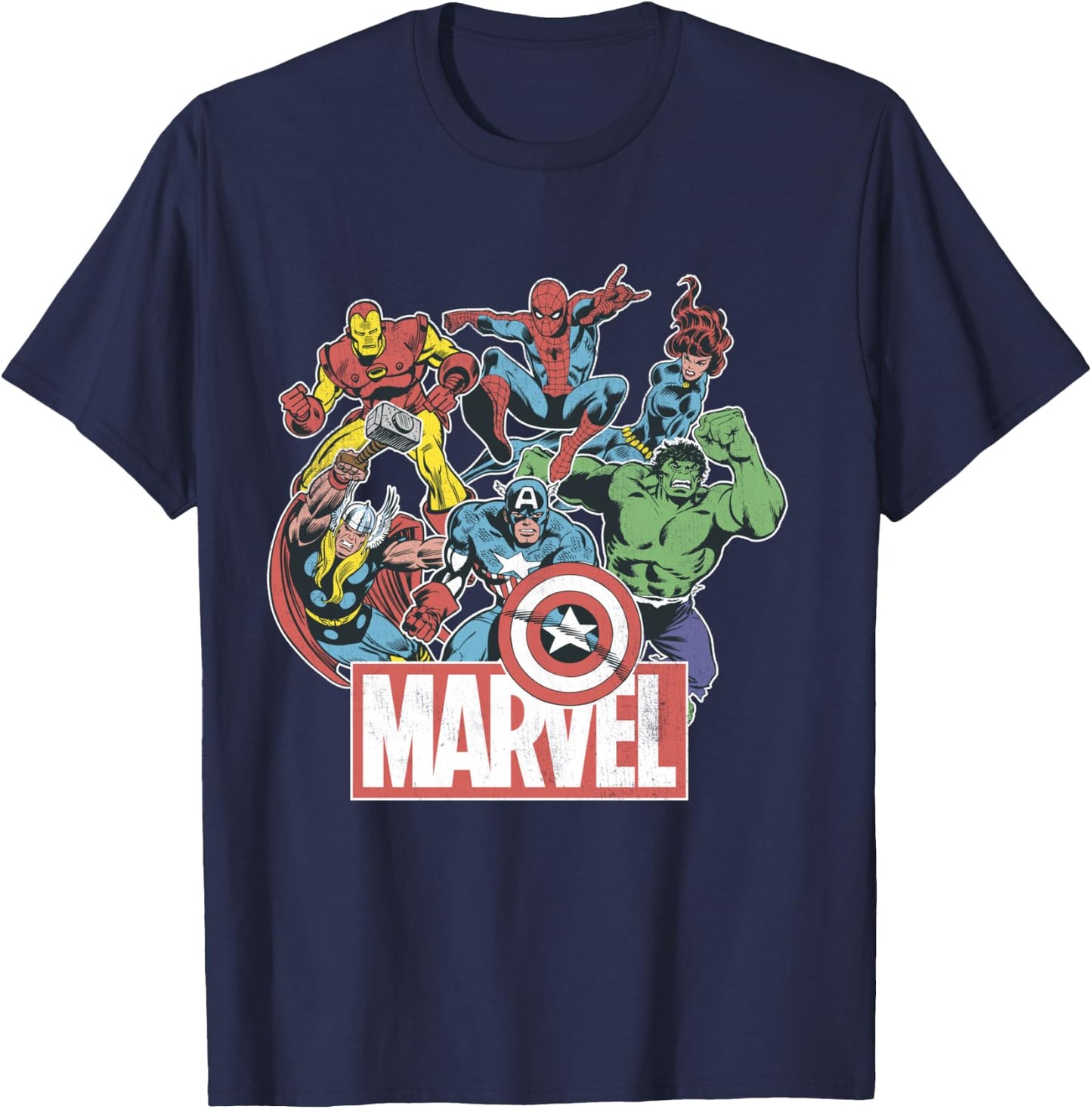 Marvel Avengers Team Retro Comic Vintage T-Shirt - T-Shirt | Navy