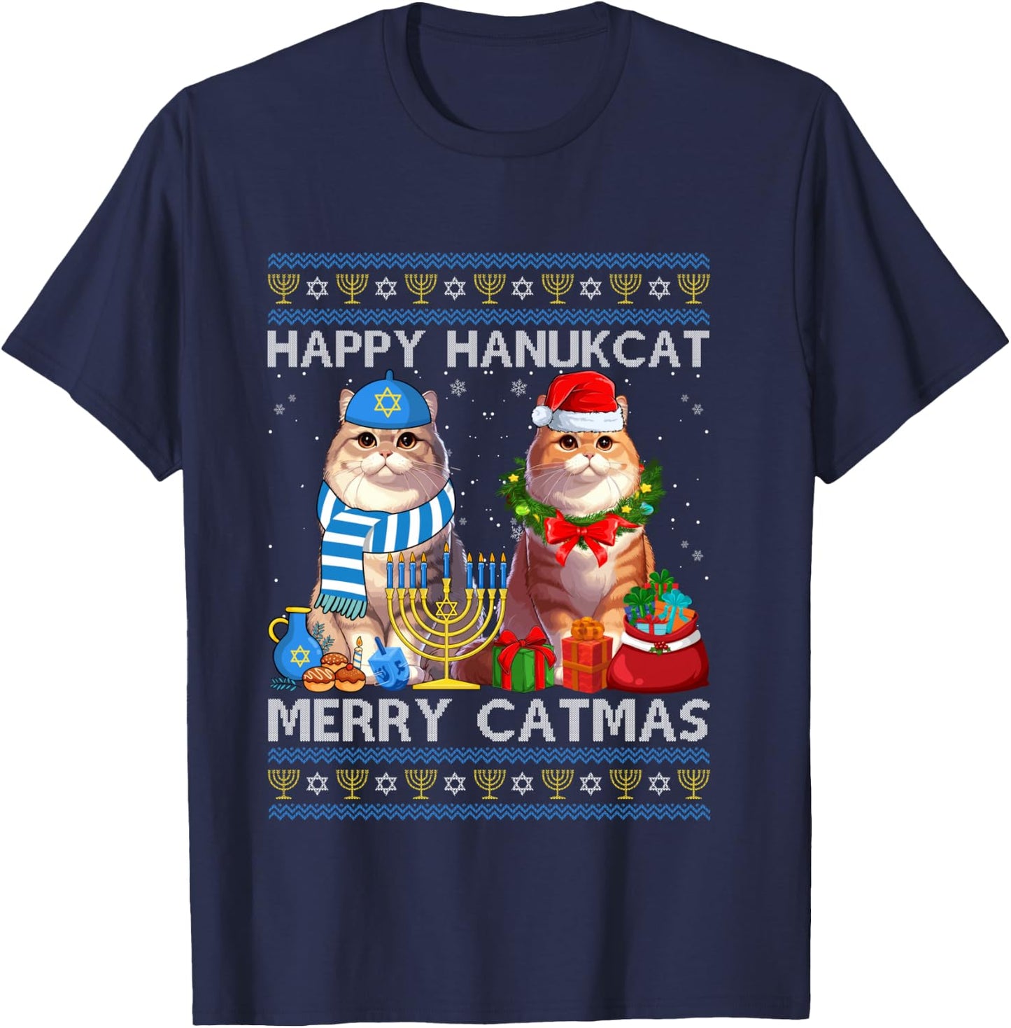 Happy Hanukcat Merry Catmas Ugly Christmas Chanukah Sweater T-Shirt - T-Shirt | Navy
