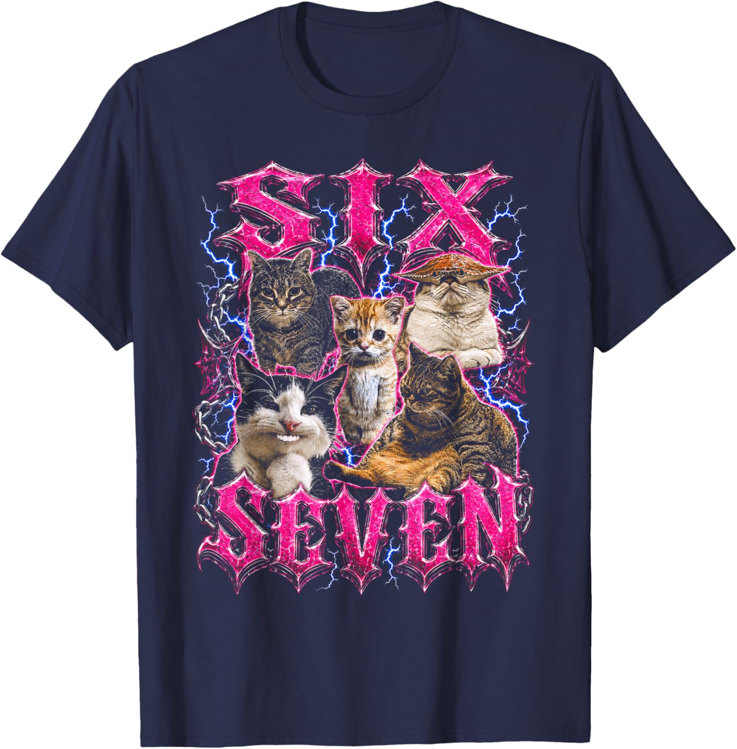 Six Seven 67 Funny Cat Meme Bootleg T-Shirt - T-Shirt | Navy