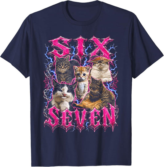 Six Seven 67 Funny Cat Meme Bootleg T-Shirt - T-Shirt | Navy