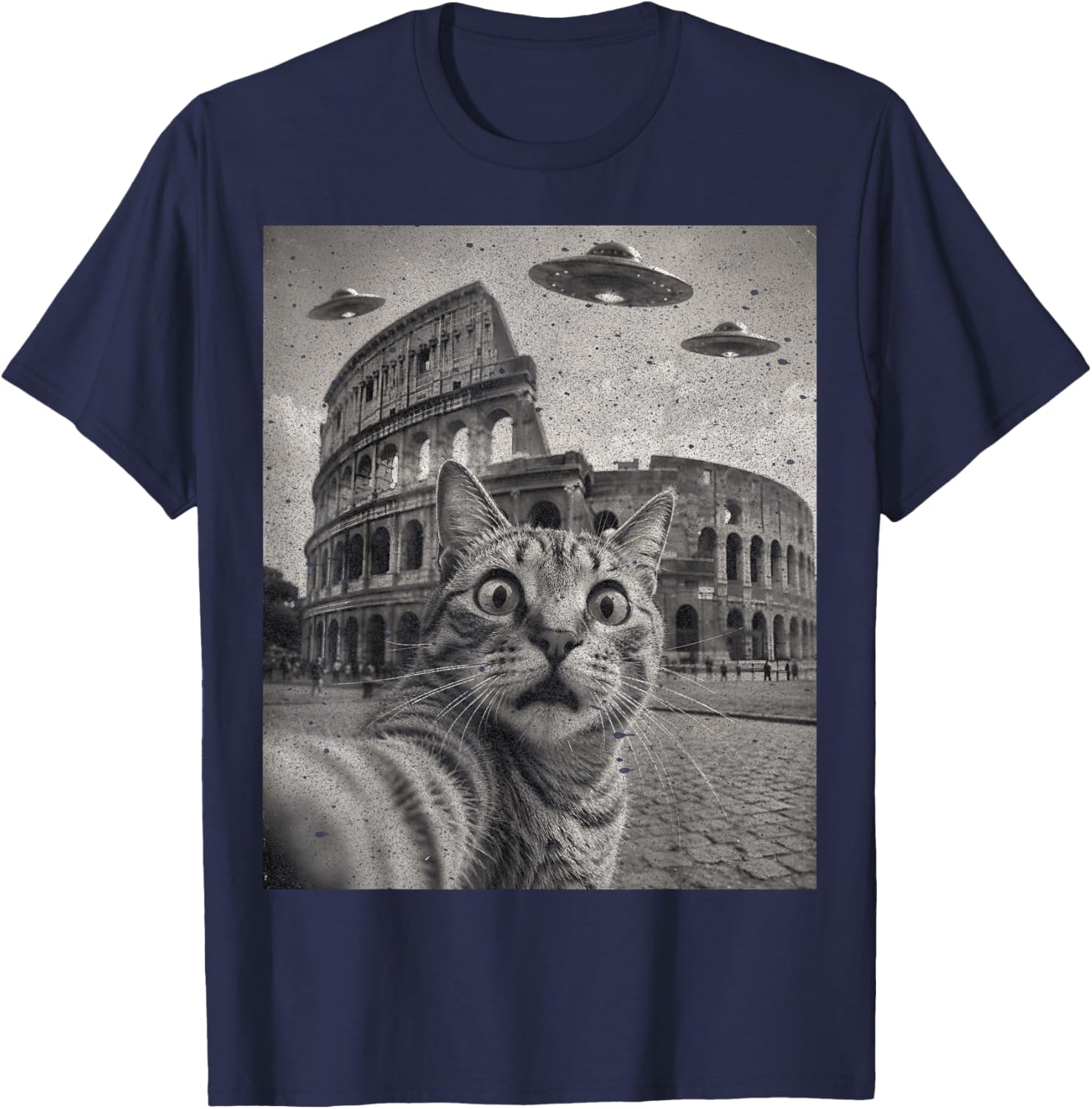Cat Selfie Rome Colosseum Alien UFO T-Shirt - T-Shirt | Navy