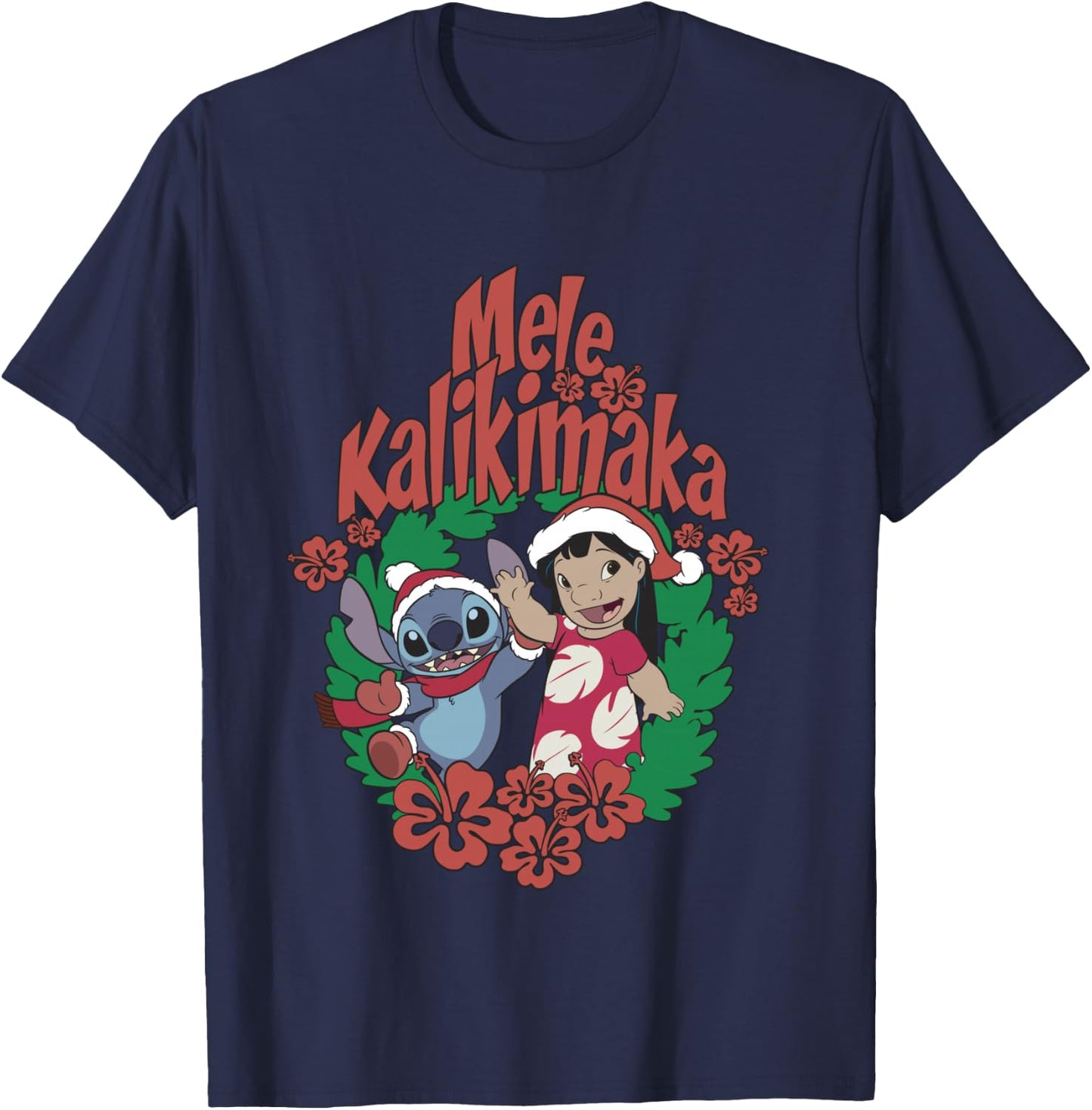 Disney Lilo & Stitch Christmas Mele Kalikimaka Wreath T-Shirt - T-Shirt | Navy