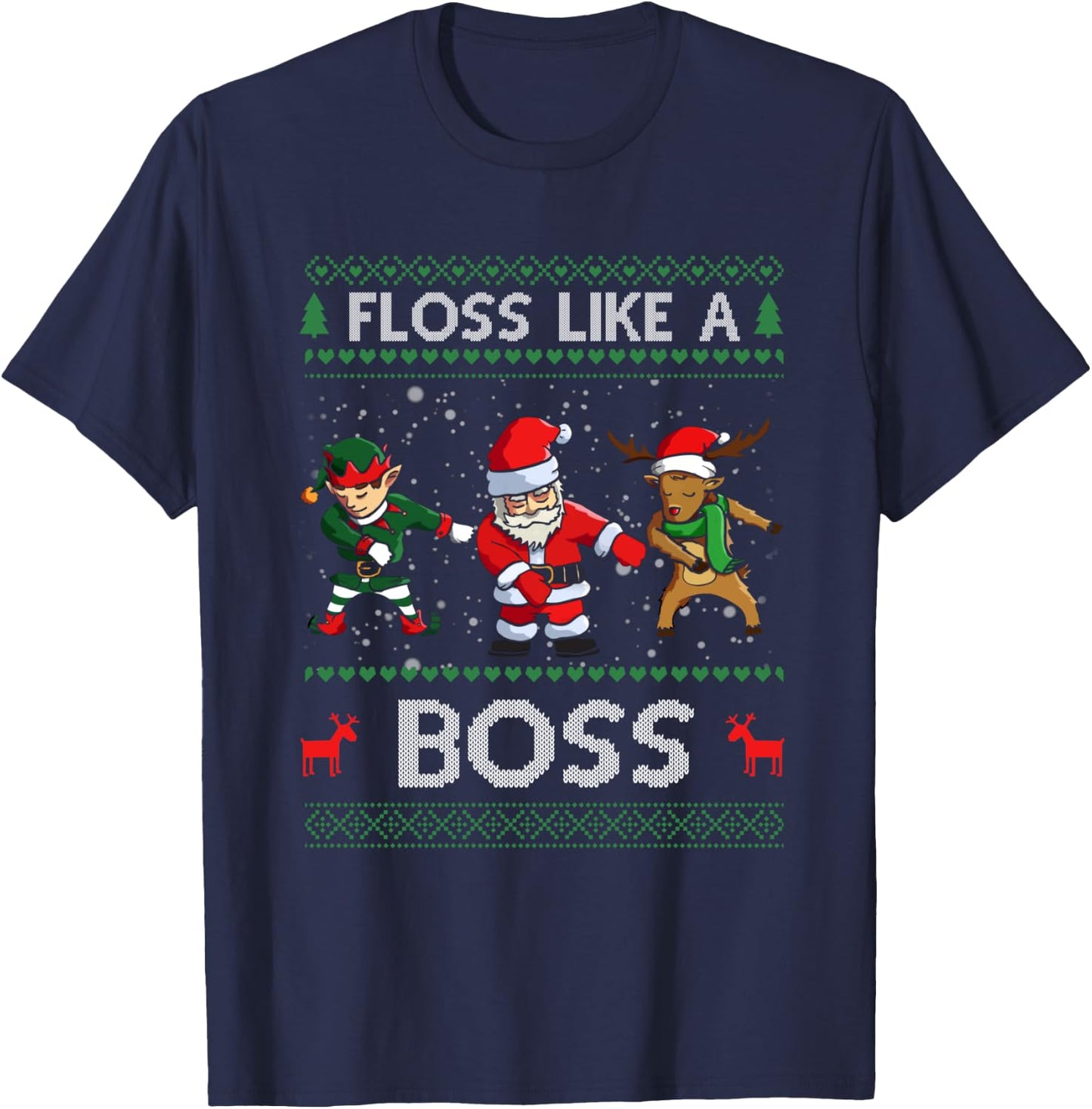 Santa Rudolph Elf Floss like a boss ugly christmas T-Shirt - T-Shirt | Navy