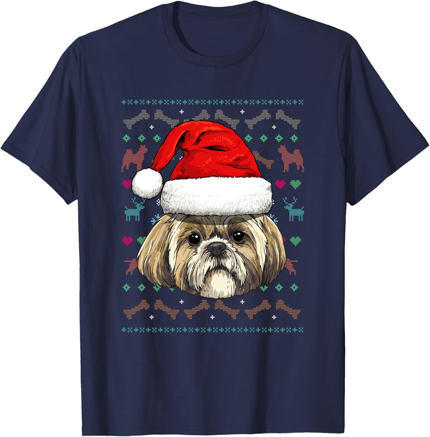Shih Tzu Ugly Christmas Dog Santa Hat Xmas Boys Kids T-Shirt - T-Shirt | Navy
