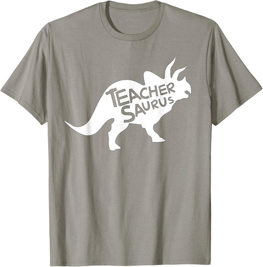 Teacher Saurus Shirt Funny Triceratop Dinosaur Gift Men Women T-Shirt - T-Shirt | Sand