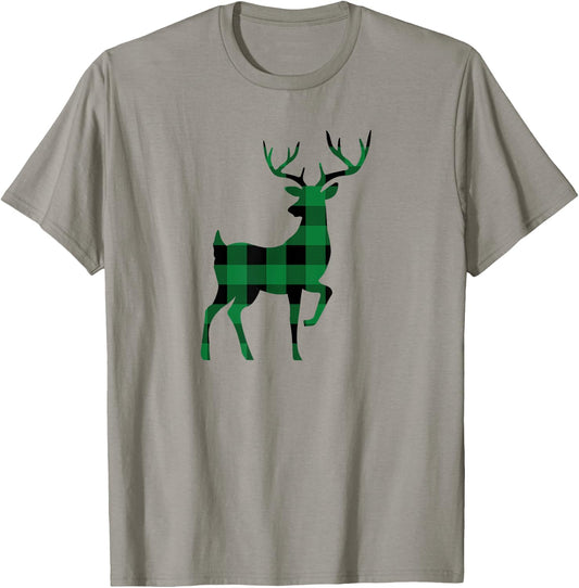 Green Plaid Reindeer Silhouette Rustic Christmas Design T-Shirt - T-Shirt | Sand