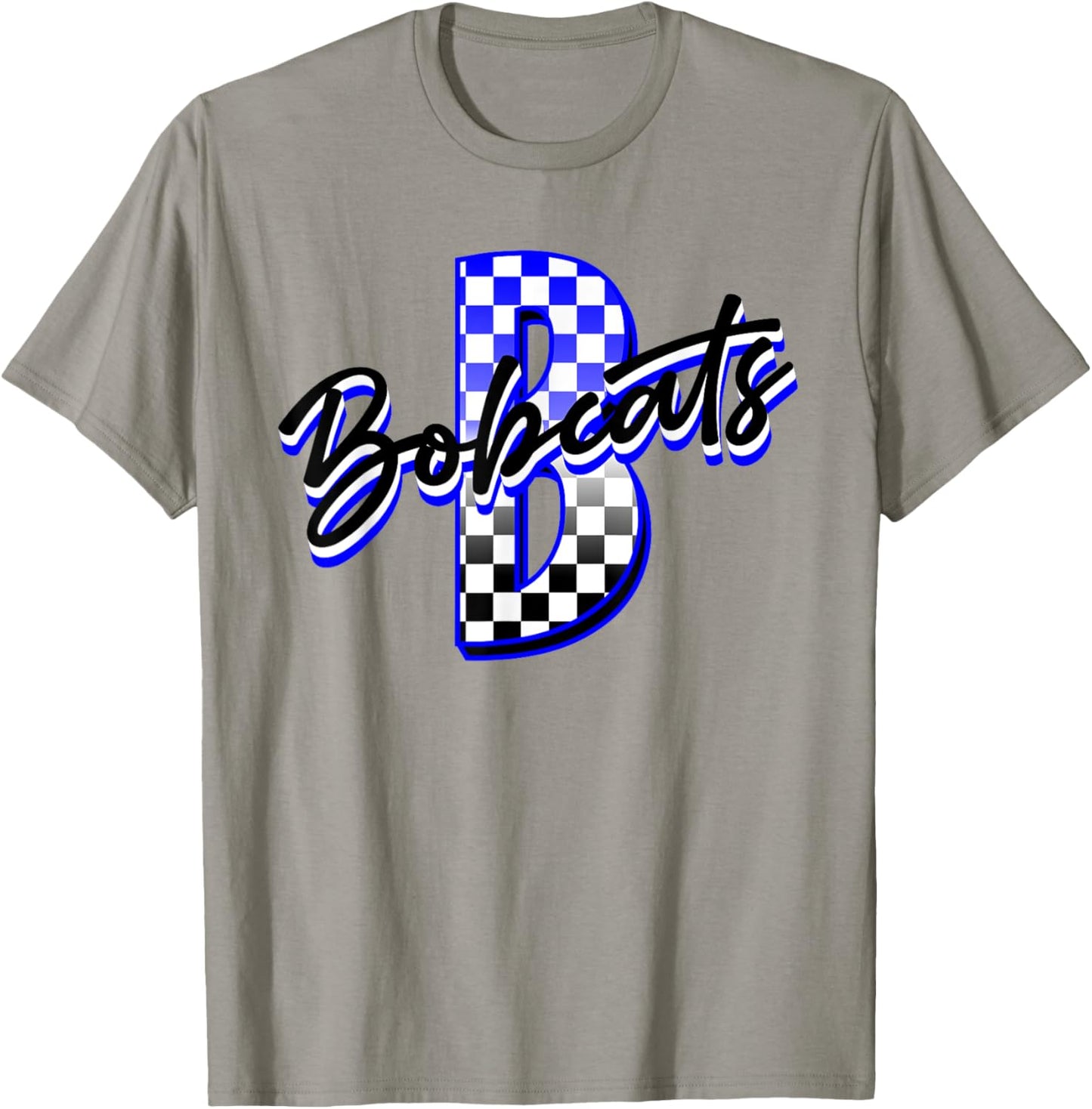 Bobcats Checkered Print Mascot School Spirit Blue Bobcat T-Shirt - T-Shirt | Sand